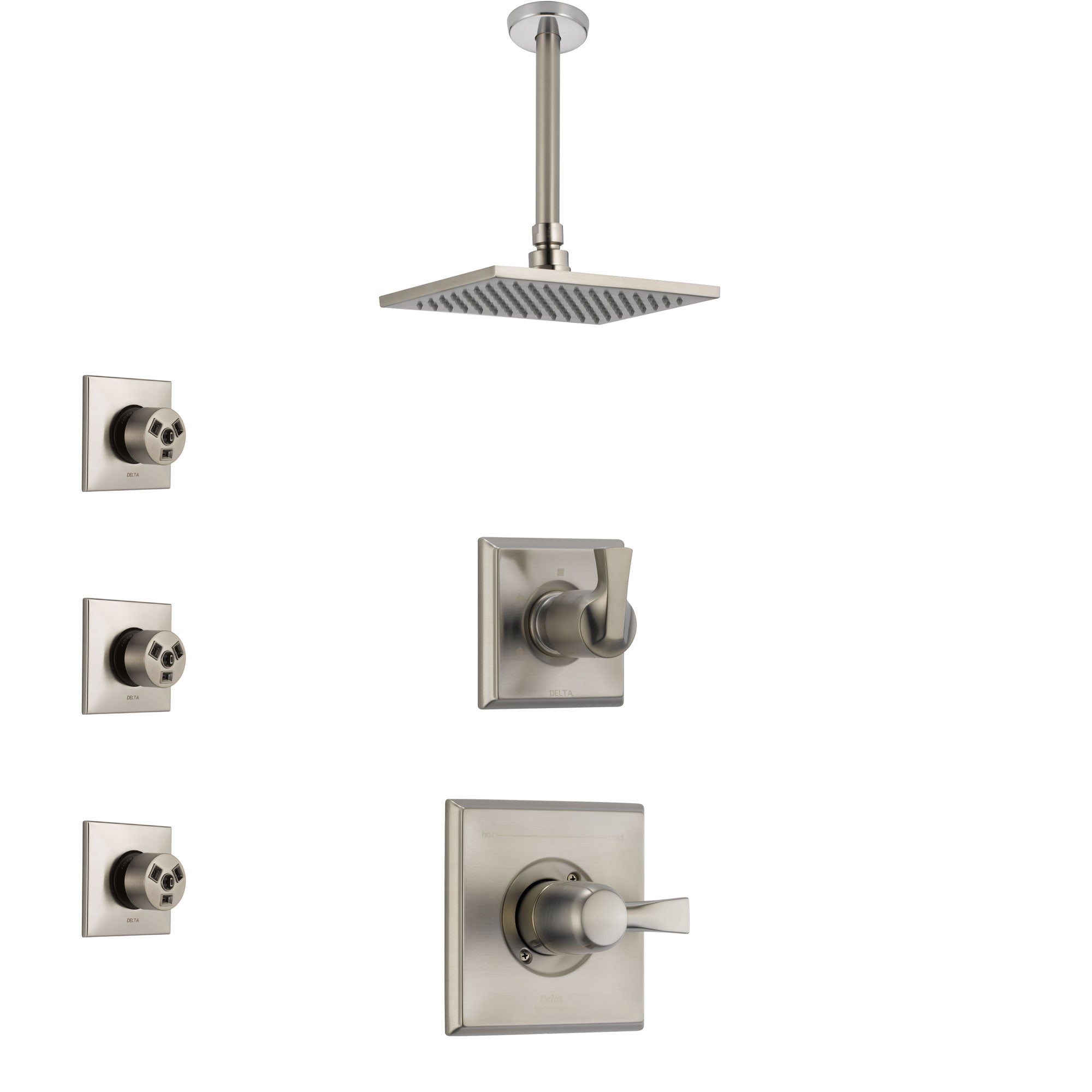 Delta Dryden Stainless Steel Finish Shower System with Control Handle, 3-Setting Diverter, Ceiling Mount Showerhead, and 3 Body Sprays SS1451SS7