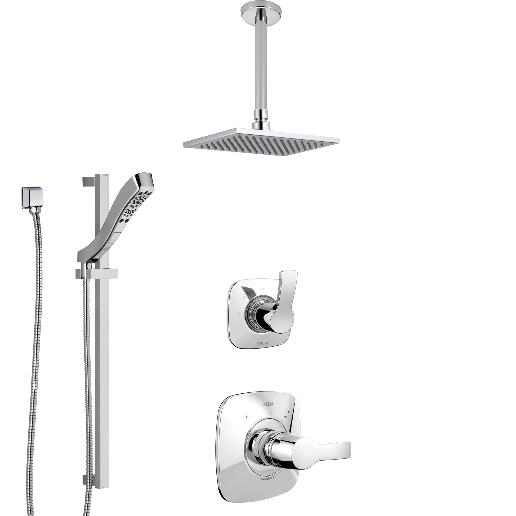 Delta Tesla Chrome Finish Shower System with Control Handle, 3-Setting Diverter, Ceiling Mount Showerhead, and Hand Shower with Slidebar SS14522