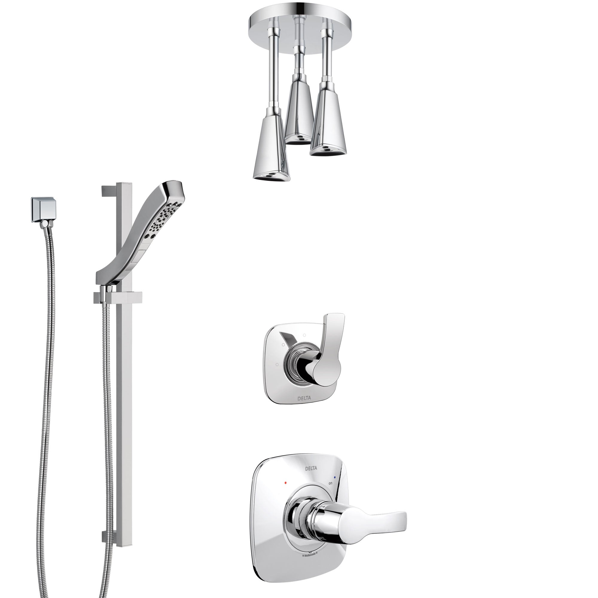 Delta Tesla Chrome Finish Shower System with Control Handle, 3-Setting Diverter, Ceiling Mount Showerhead, and Hand Shower with Slidebar SS14526