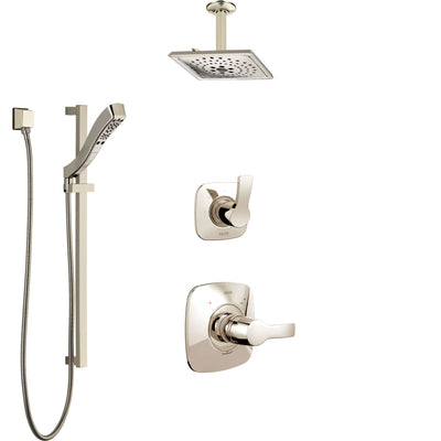Delta Tesla Polished Nickel Shower System with Control Handle, 3-Setting Diverter, Ceiling Mount Showerhead, and Hand Shower with Slidebar SS1452PN1