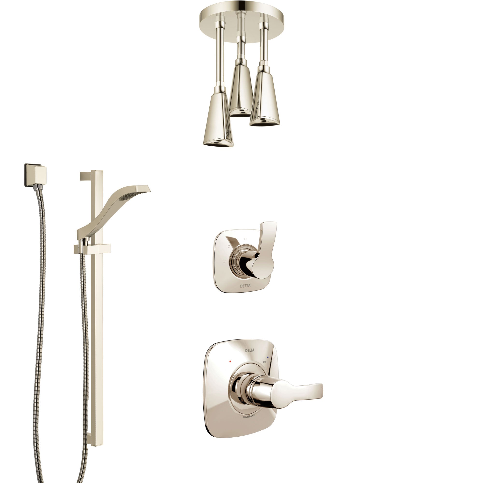 Delta Tesla Polished Nickel Shower System with Control Handle, 3-Setting Diverter, Ceiling Mount Showerhead, and Hand Shower with Slidebar SS1452PN3