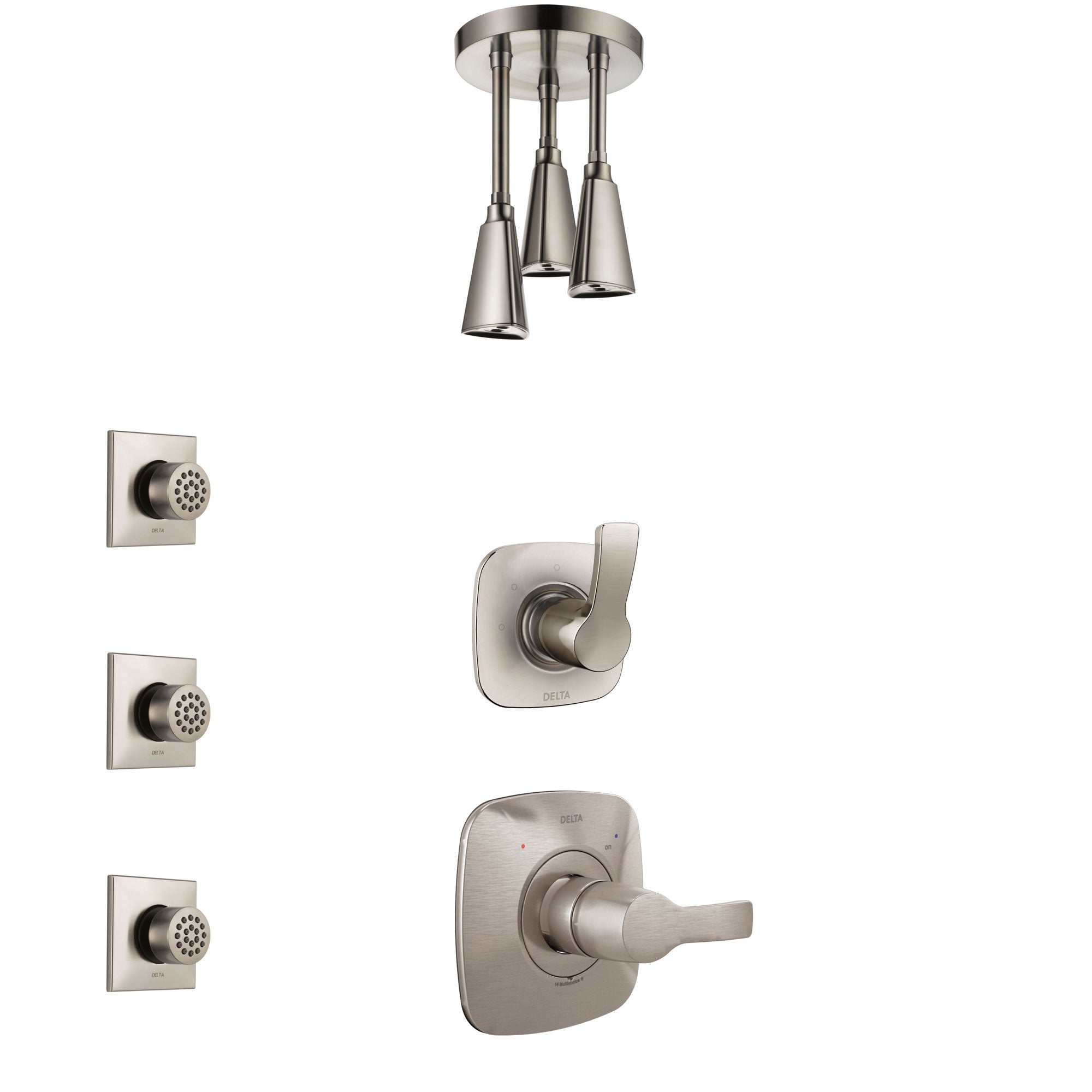 Delta Tesla Stainless Steel Finish Shower System with Control Handle, 3-Setting Diverter, Ceiling Mount Showerhead, and 3 Body Sprays SS1452SS8