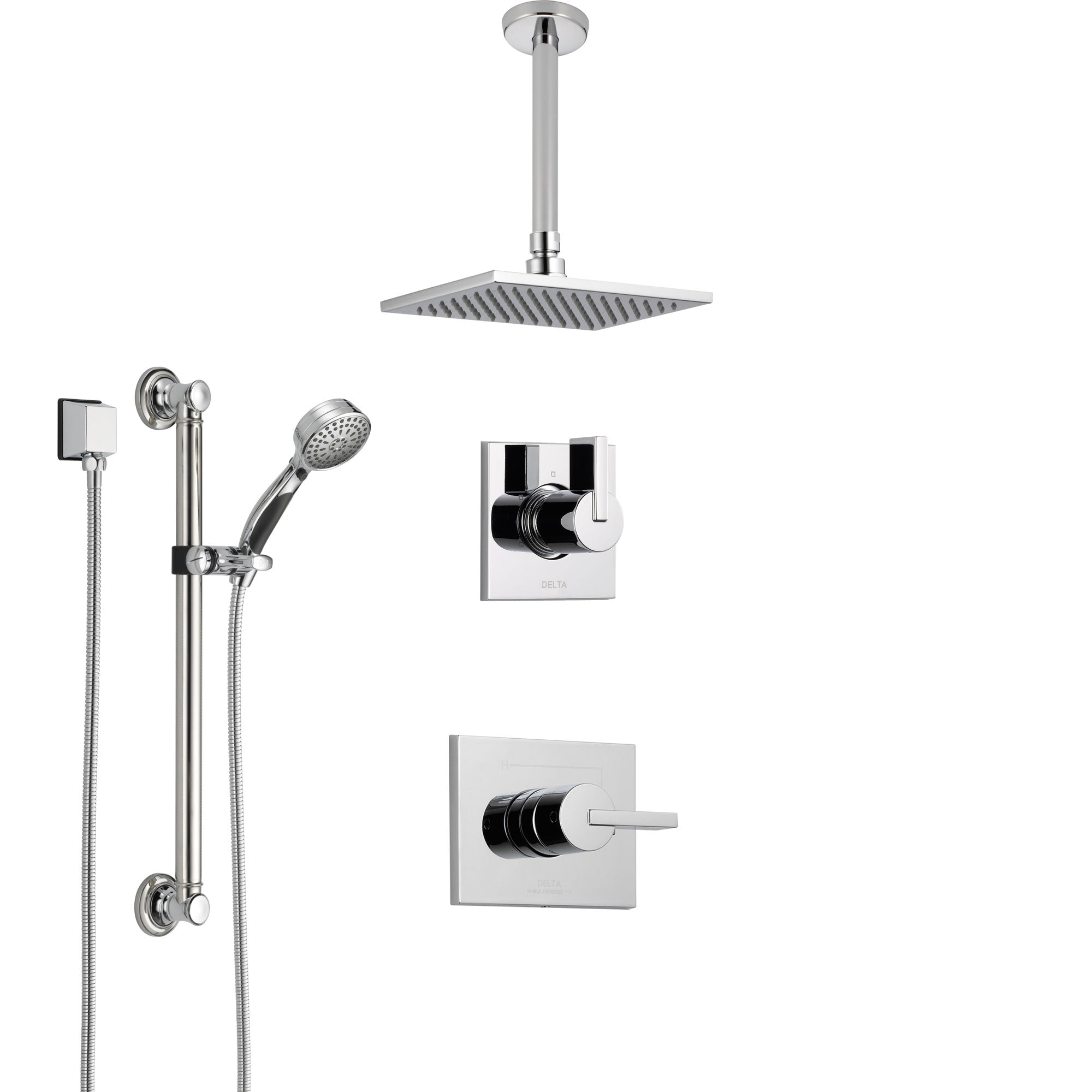 Delta Vero Chrome Finish Shower System with Control Handle, 3-Setting Diverter, Ceiling Mount Showerhead, and Hand Shower with Grab Bar SS14531