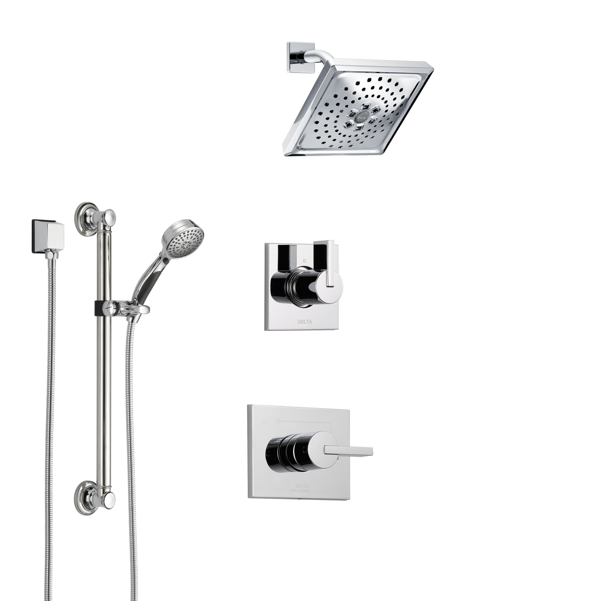 Delta Vero Chrome Finish Shower System with Control Handle, 3-Setting Diverter, Showerhead, and Hand Shower with Grab Bar SS14532