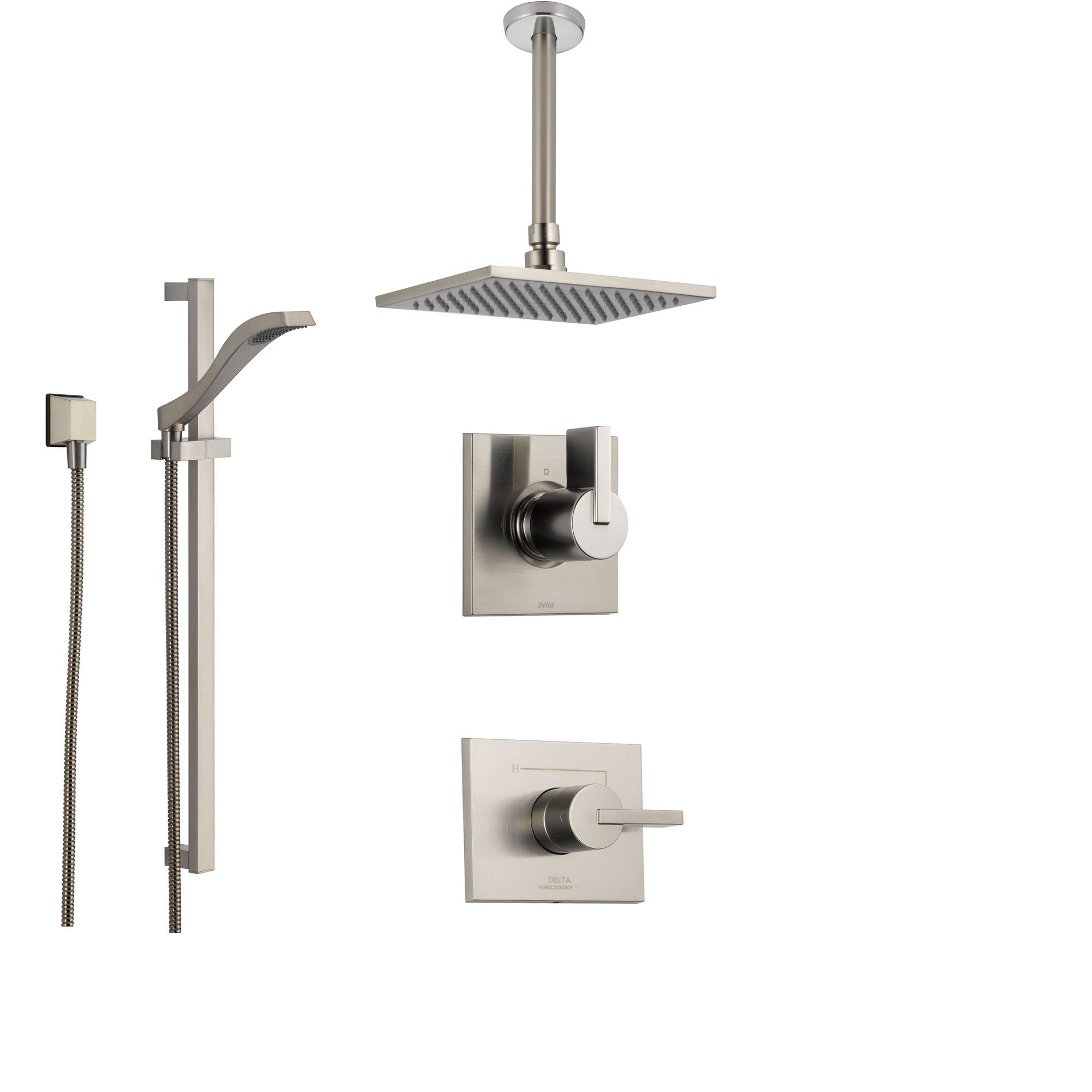 Delta Vero Stainless Steel Shower System with Normal Shower Handle, 3-setting Diverter, Large Square Rain Ceiling Mount Showerhead, and Handheld Shower SS145383SS
