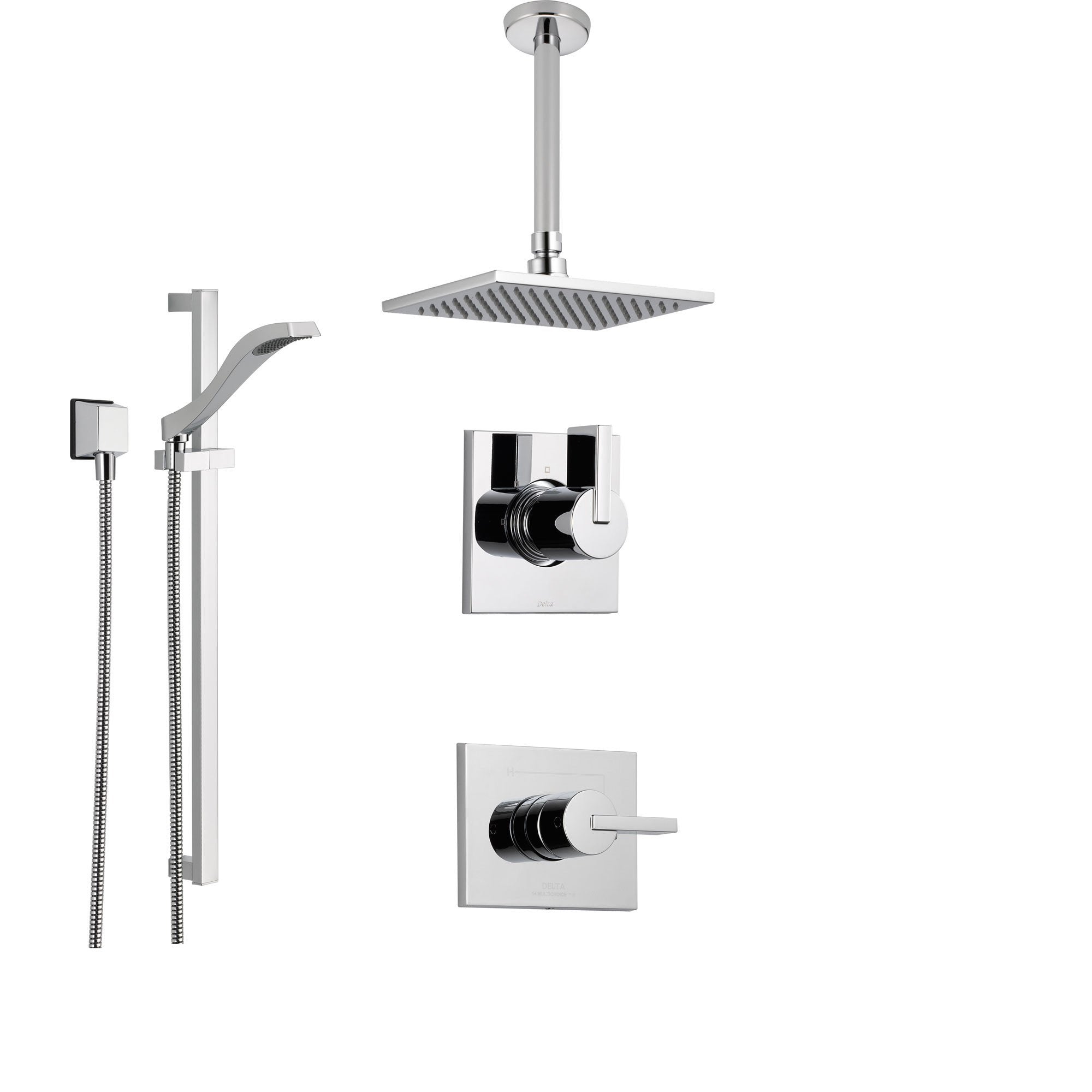 Delta Vero Chrome Shower System with Normal Shower Handle, 3-setting Diverter, Large Ceiling Mount Rain Showerhead, and Handheld Shower SS145383