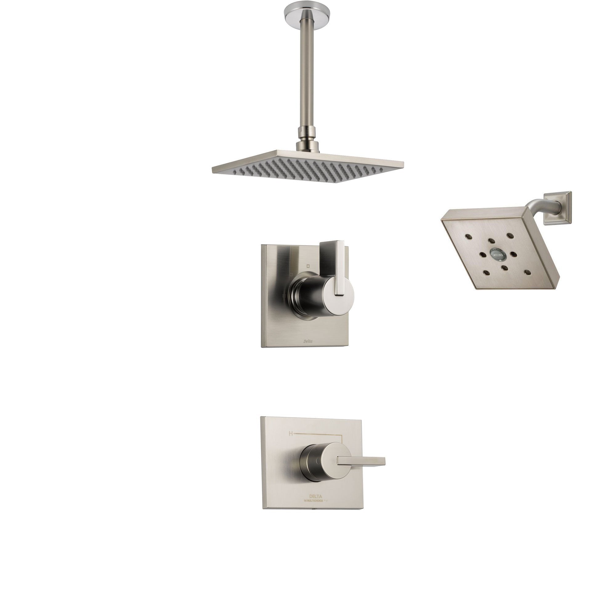 Delta Vero Stainless Steel Shower System with Normal Shower Handle, 3-setting Diverter, Large Square Rain Ceiling Mount Showerhead, and Wall Mount Modern Showerhead SS145384SS