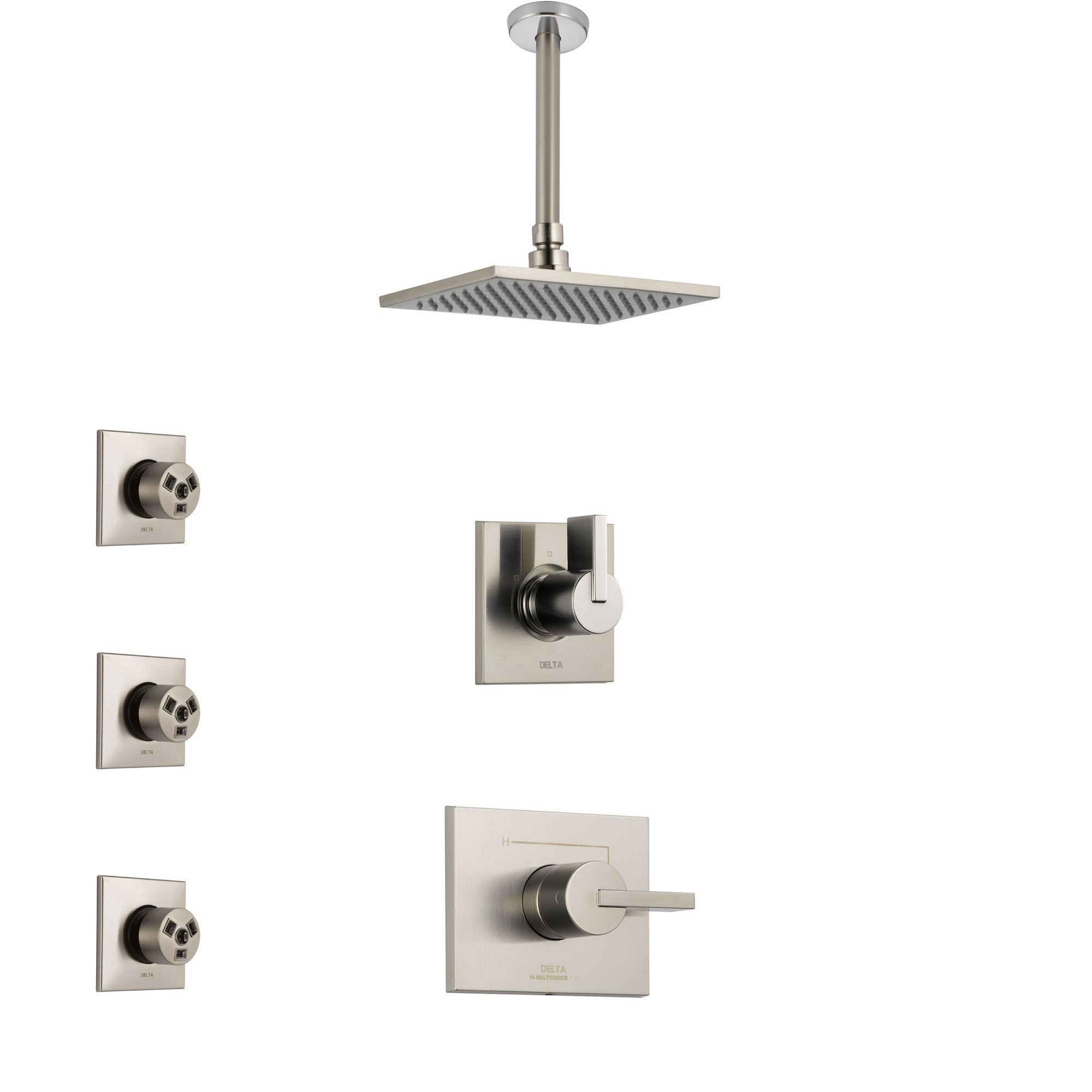 Delta Vero Stainless Steel Finish Shower System with Control Handle, 3-Setting Diverter, Ceiling Mount Showerhead, and 3 Body Sprays SS1453SS4