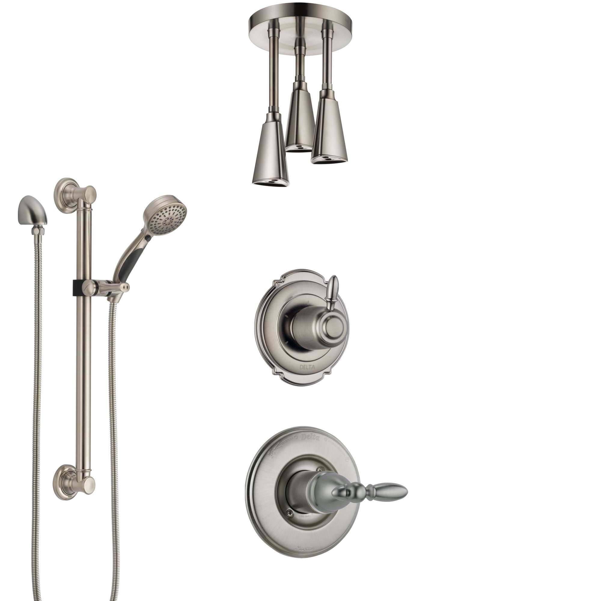 Delta Victorian Stainless Steel Finish Shower System with Control Handle, Diverter, Ceiling Mount Showerhead, and Hand Shower with Grab Bar SS1455SS5