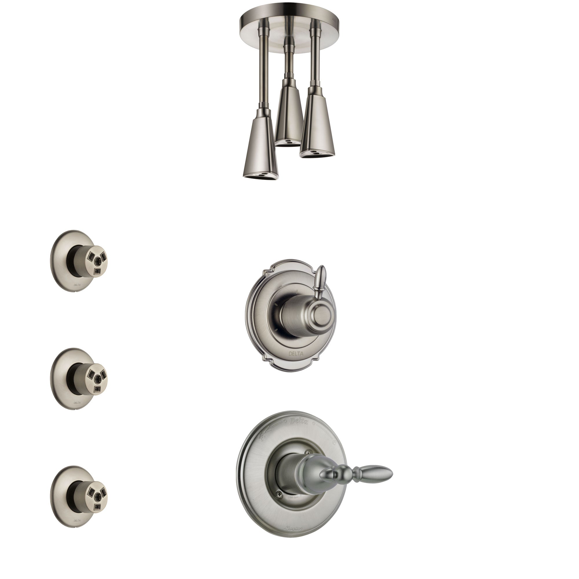 Delta Victorian Stainless Steel Finish Shower System with Control Handle, 3-Setting Diverter, Ceiling Mount Showerhead, and 3 Body Sprays SS1455SS6