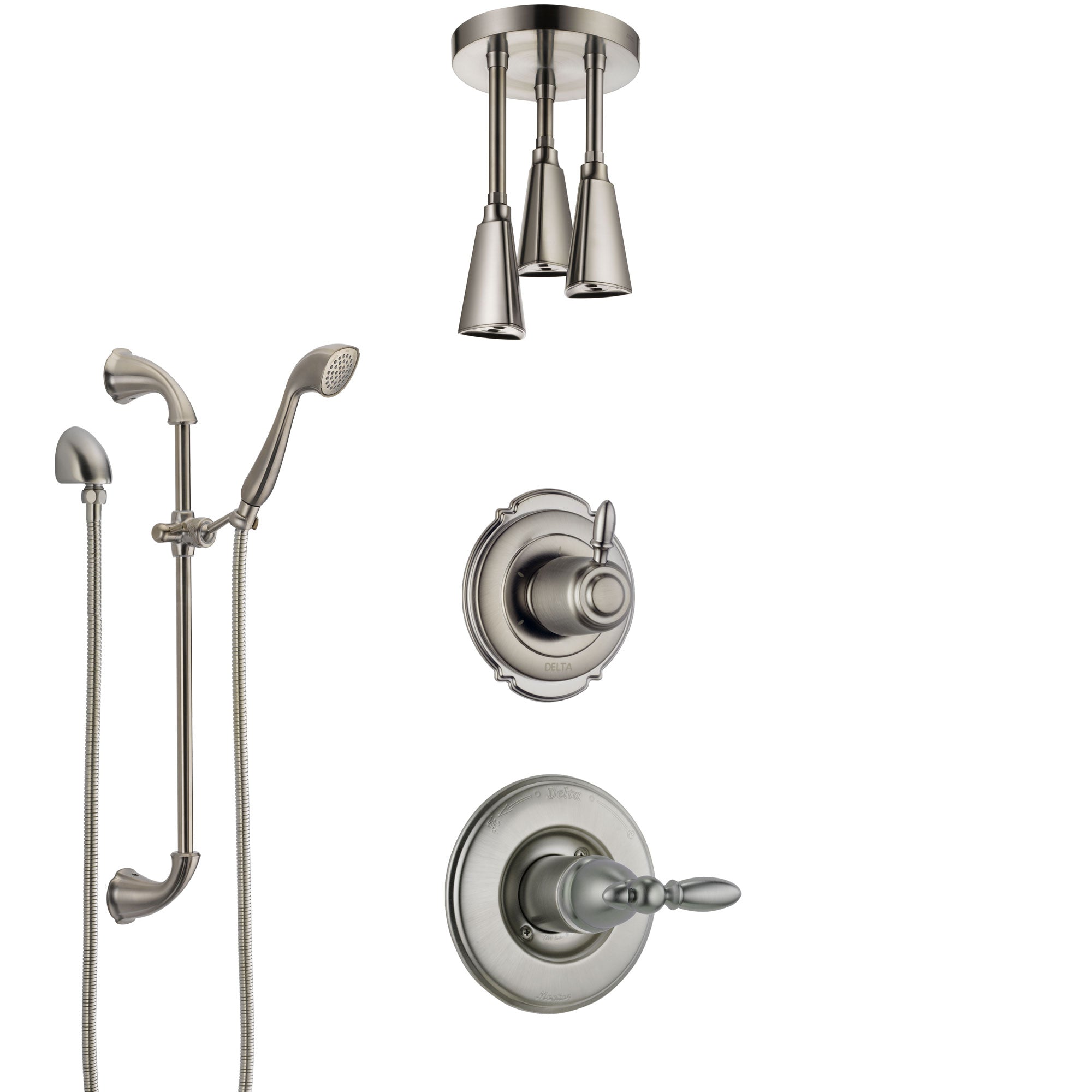 Delta Victorian Stainless Steel Finish Shower System with Control Handle, Diverter, Ceiling Mount Showerhead, and Hand Shower with Slidebar SS1455SS7