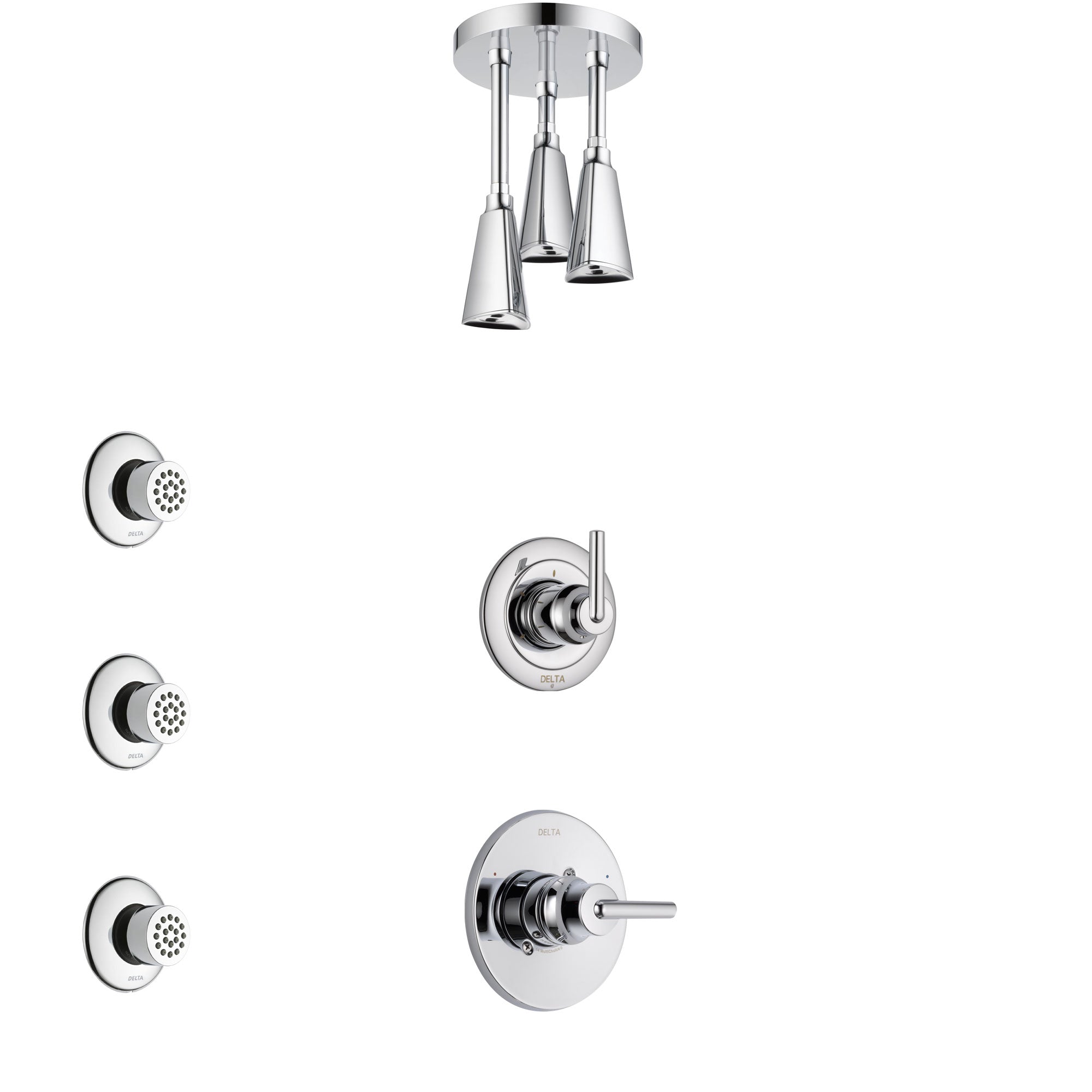 Delta Trinsic Chrome Finish Shower System with Control Handle, 3-Setting Diverter, Ceiling Mount Showerhead, and 3 Body Sprays SS14595