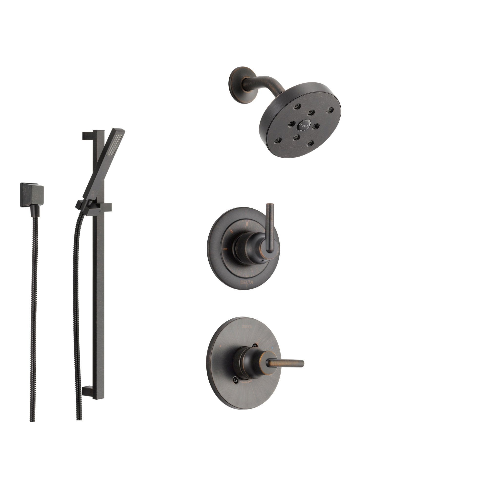 Delta Trinsic Venetian Bronze Shower System with Normal Shower Handle, 3-setting Diverter, Modern Round Showerhead, and Handheld Shower SS145981RB