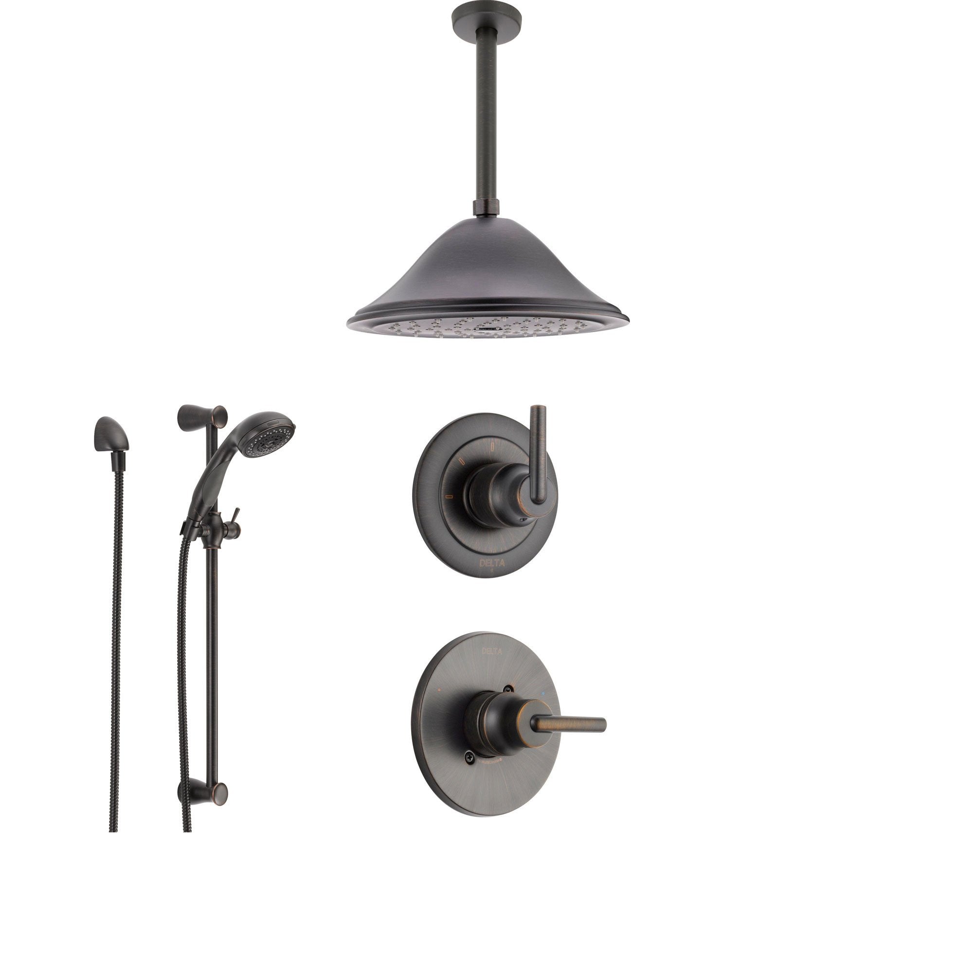 Delta Trinsic Venetian Bronze Shower System with Normal Shower Handle, 3-setting Diverter, Large Ceiling Mount Rain Showerhead, and Handheld Shower SS145982RB