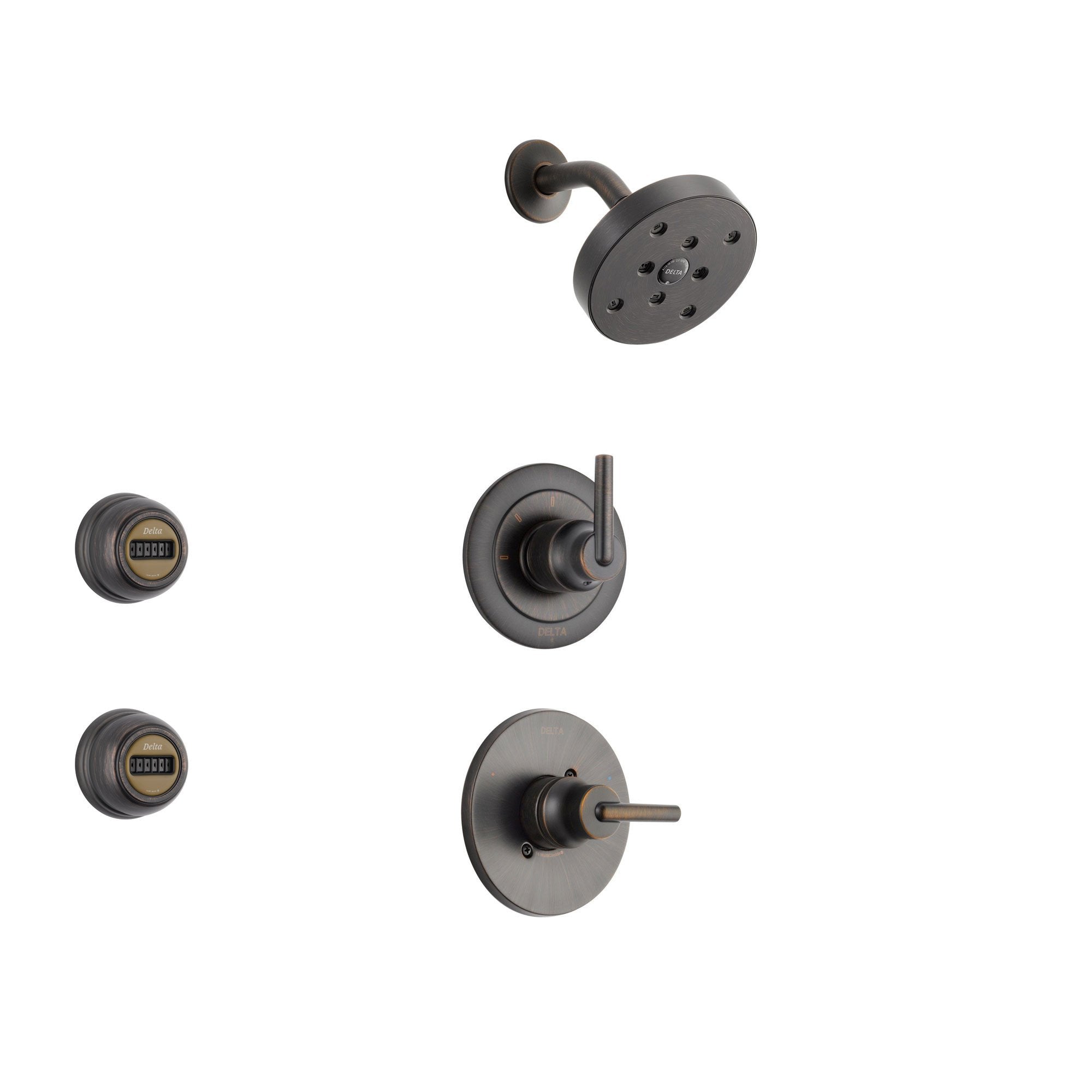 Delta Trinsic Venetian Bronze Shower System with Normal Shower Handle, 3-setting Diverter, Modern Round Showerhead, and 2 Body Sprays SS145983RB