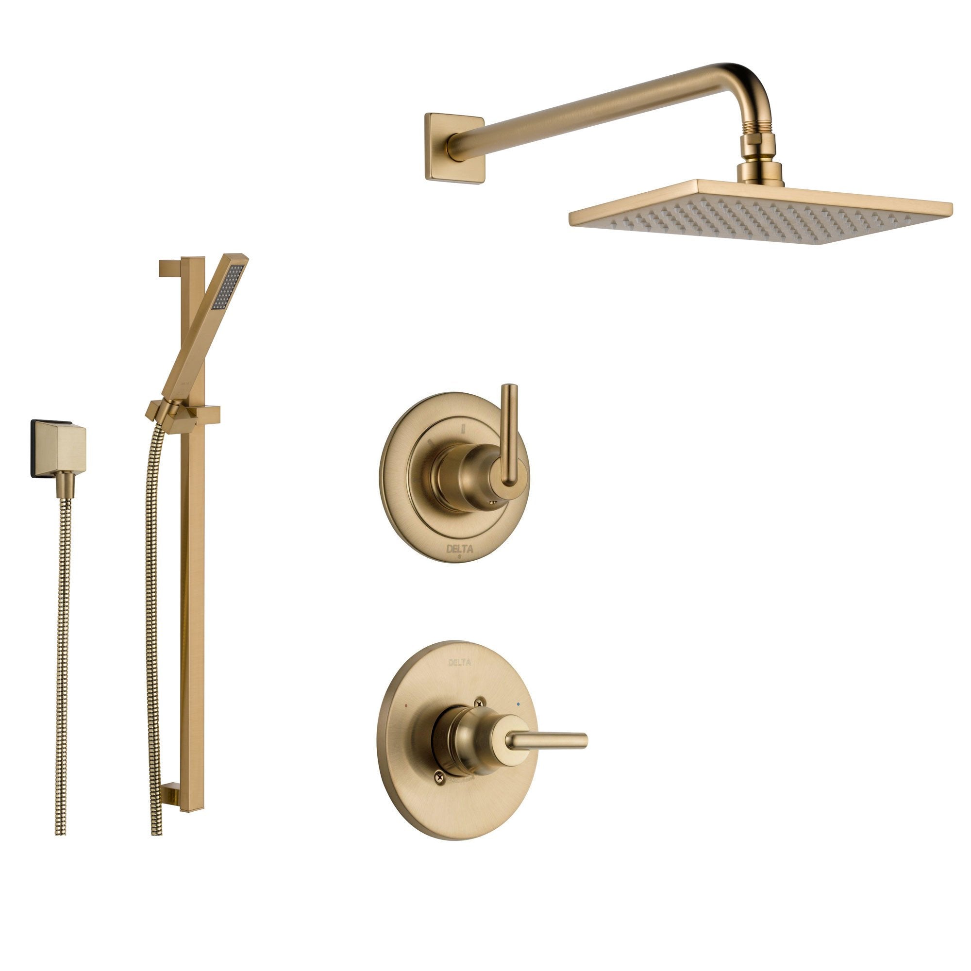 Delta Trinsic Champagne Bronze Shower System with Normal Shower Handle, 3-setting Diverter, Large Square Modern Rain Showerhead, and Handheld Shower SS145985CZ