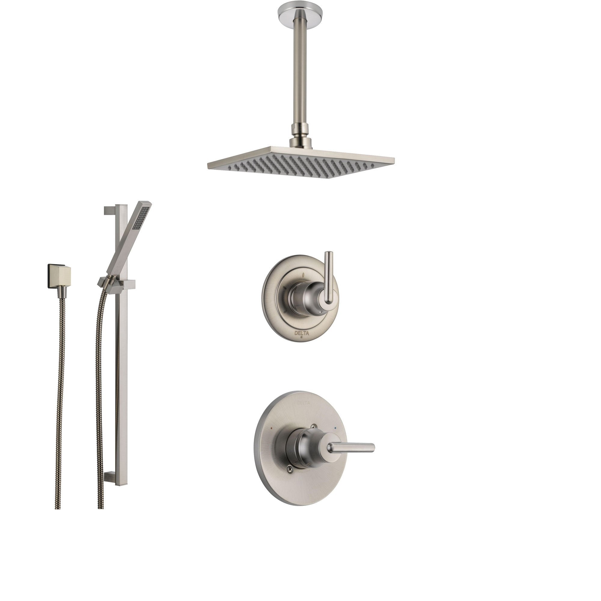 Delta Trinsic Stainless Steel Shower System with Normal Shower Handle, 3-setting Diverter, Modern Square Ceiling Mount Showerhead, and Hand Shower Spray SS145985SS