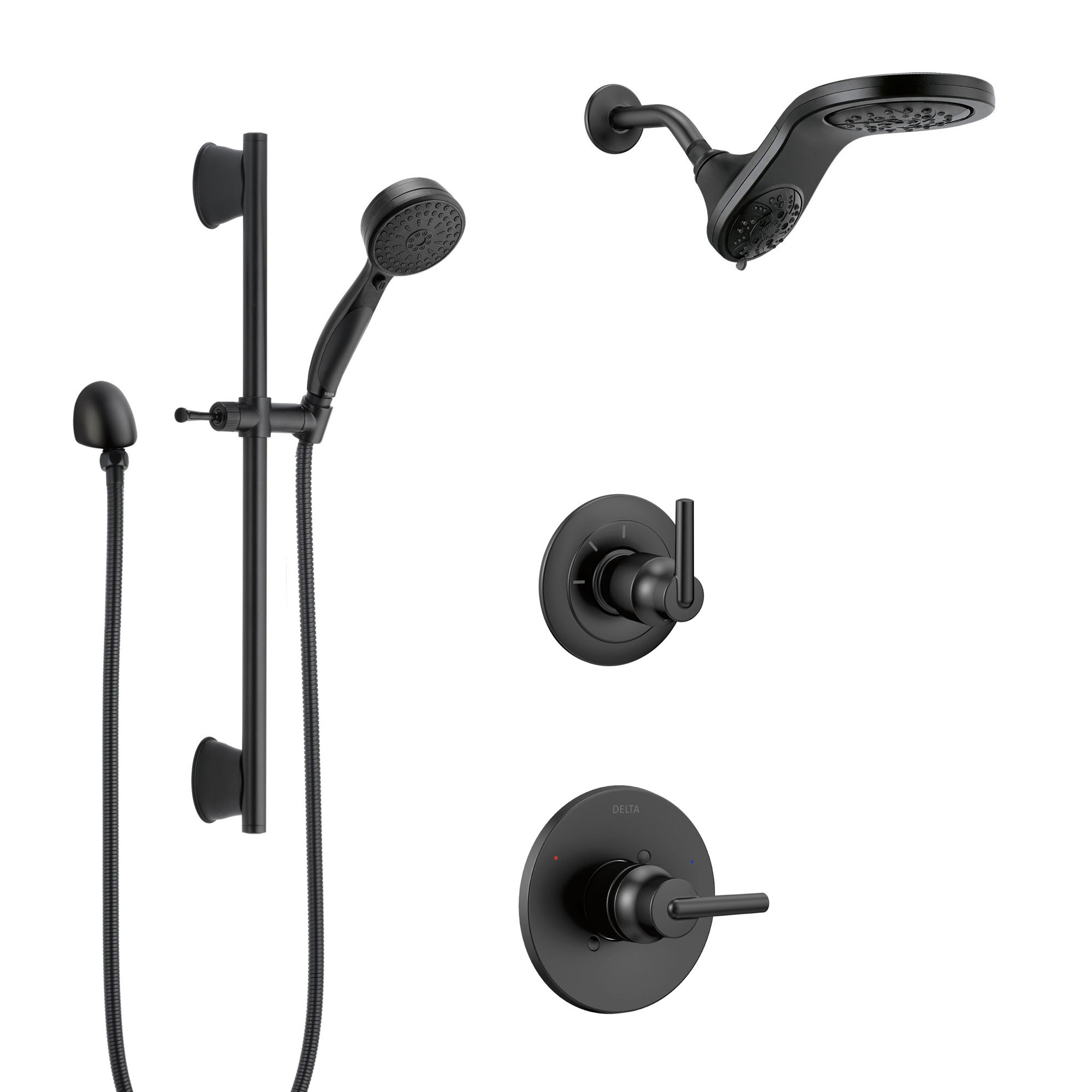 Delta Trinsic Matte Black Finish Shower System and Diverter with Dual HydroRain Showerhead and Multi-Setting Hand Sprayer with Slidebar SS1459BL13