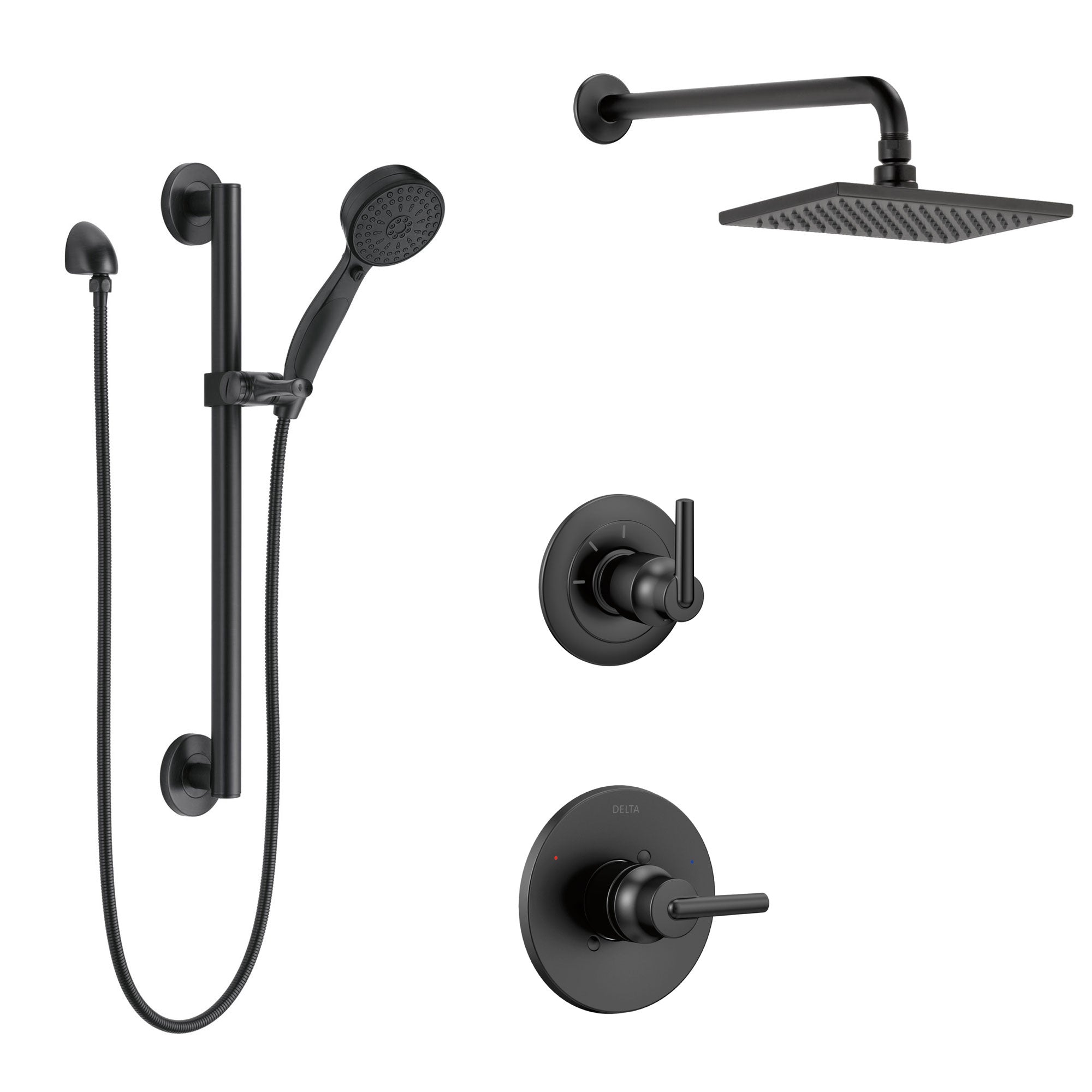 Delta Trinsic Matte Black Finish Modern Shower Faucet System Wall Mounted Rain Showerhead and Hand Shower Spray with Grab Bar SS1459BL3
