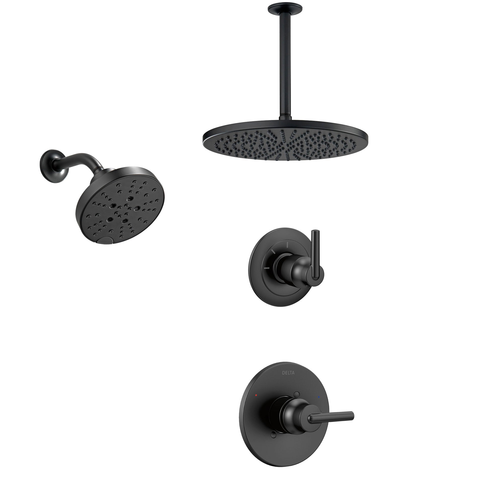 Delta Trinsic Matte Black Modern Round Shower System with Diverter, Large Ceiling Mount Rain Showerhead and Multi-Setting Wall Showerhead SS1459BL7