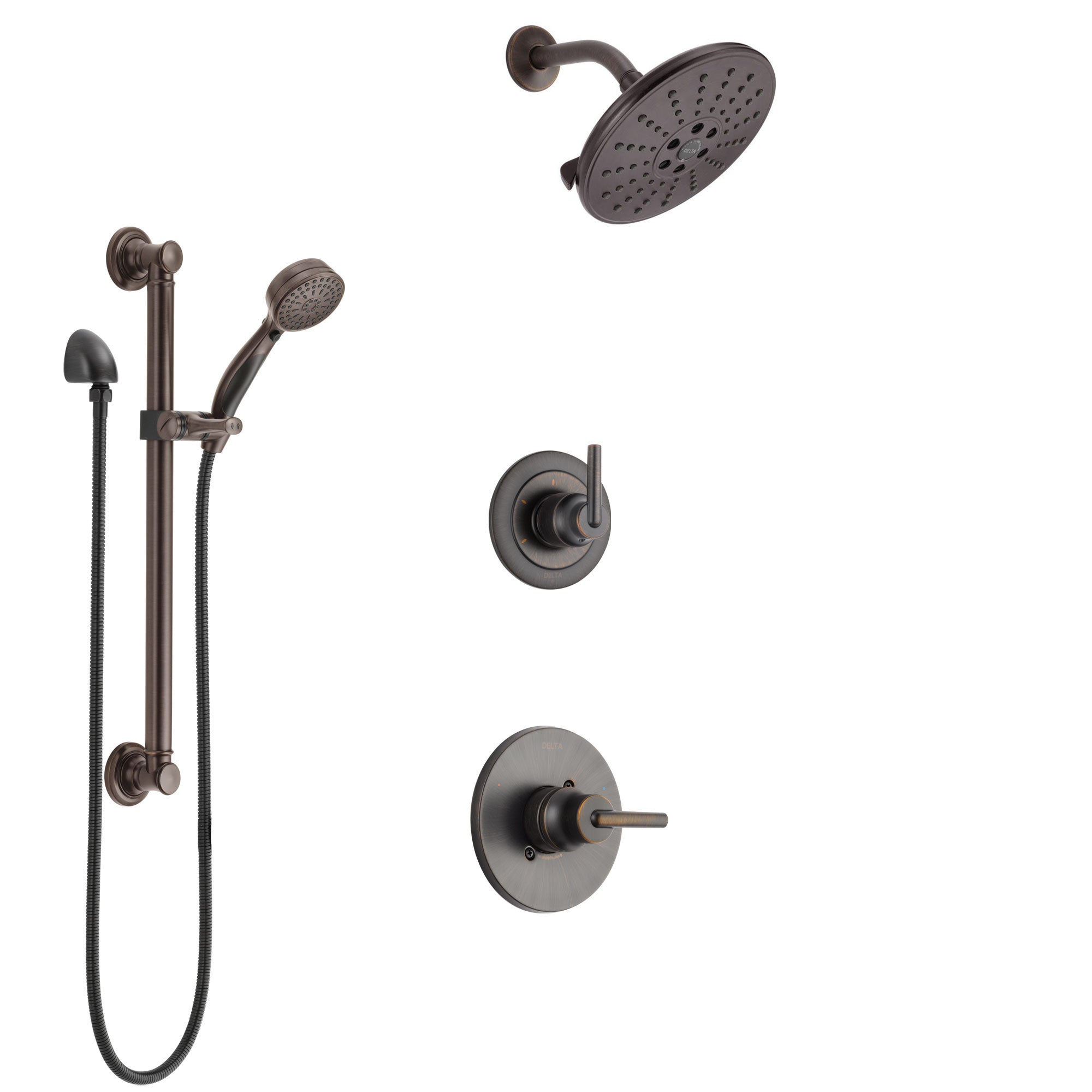 Delta Trinsic Venetian Bronze Finish Shower System with Control Handle, 3-Setting Diverter, Showerhead, and Hand Shower with Grab Bar SS1459RB2