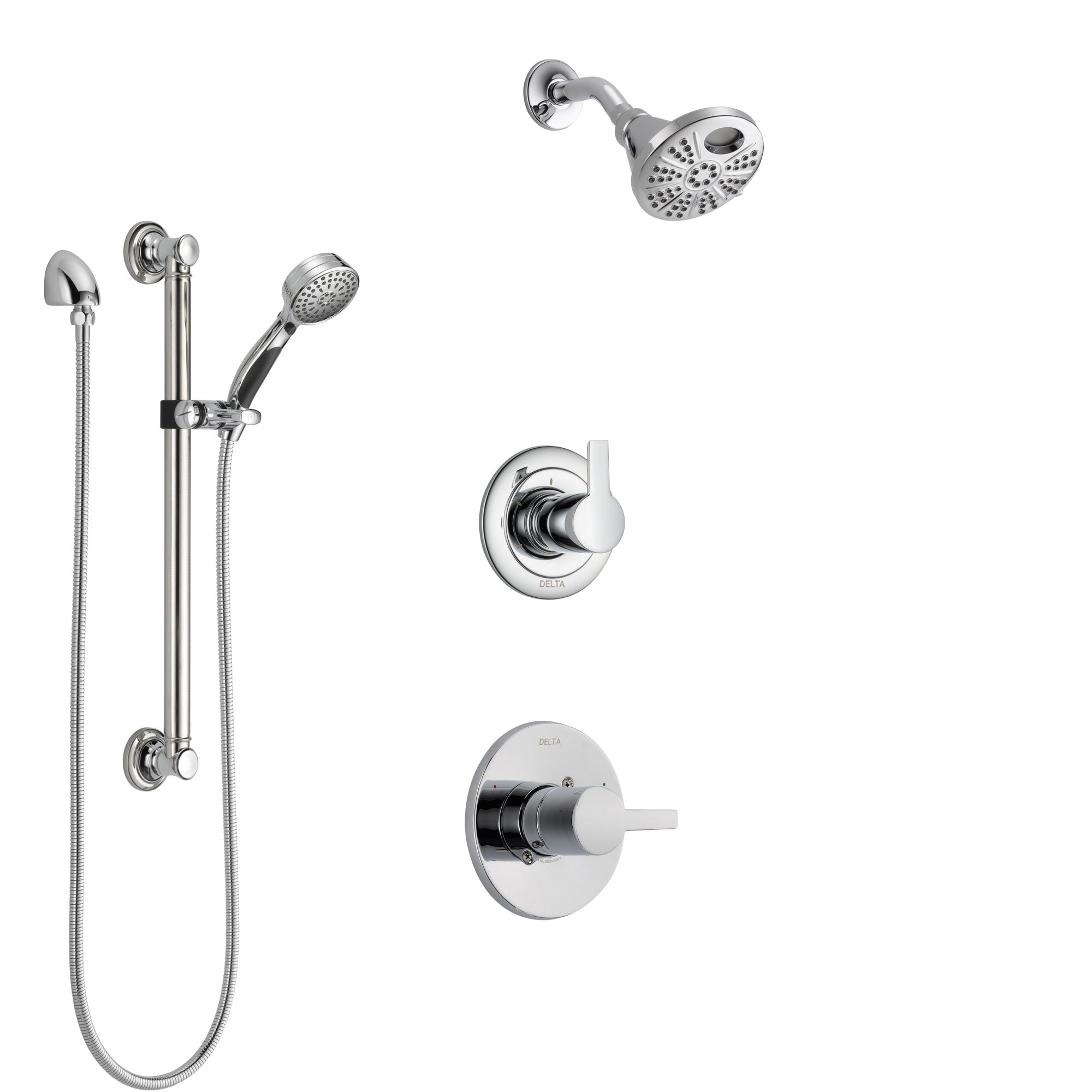 Delta Compel Chrome Finish Shower System with Control Handle, 3-Setting Diverter, Temp2O Showerhead, and Hand Shower with Grab Bar SS14612