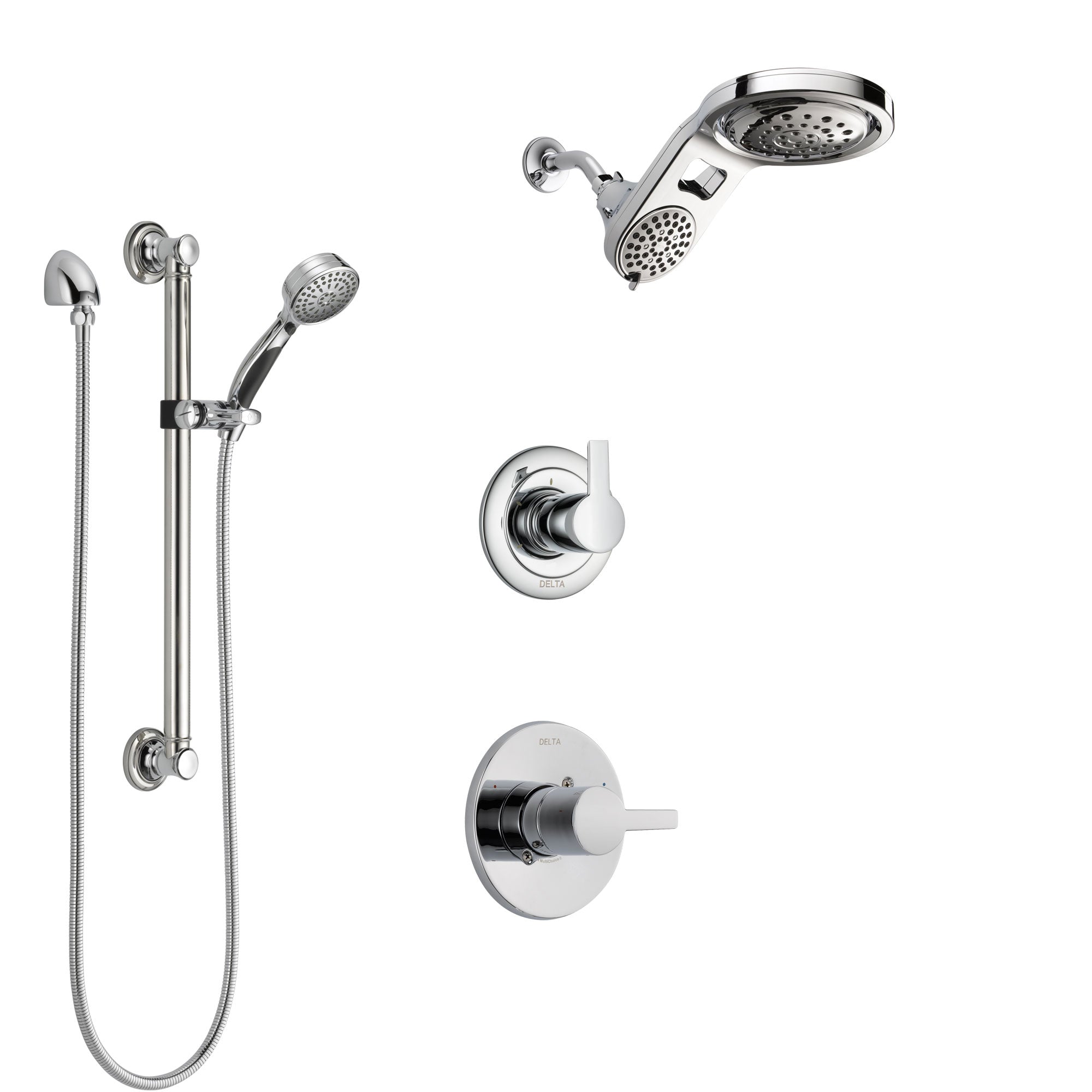 Delta Compel Chrome Finish Shower System with Control Handle, 3-Setting Diverter, Dual Showerhead, and Hand Shower with Grab Bar SS14613
