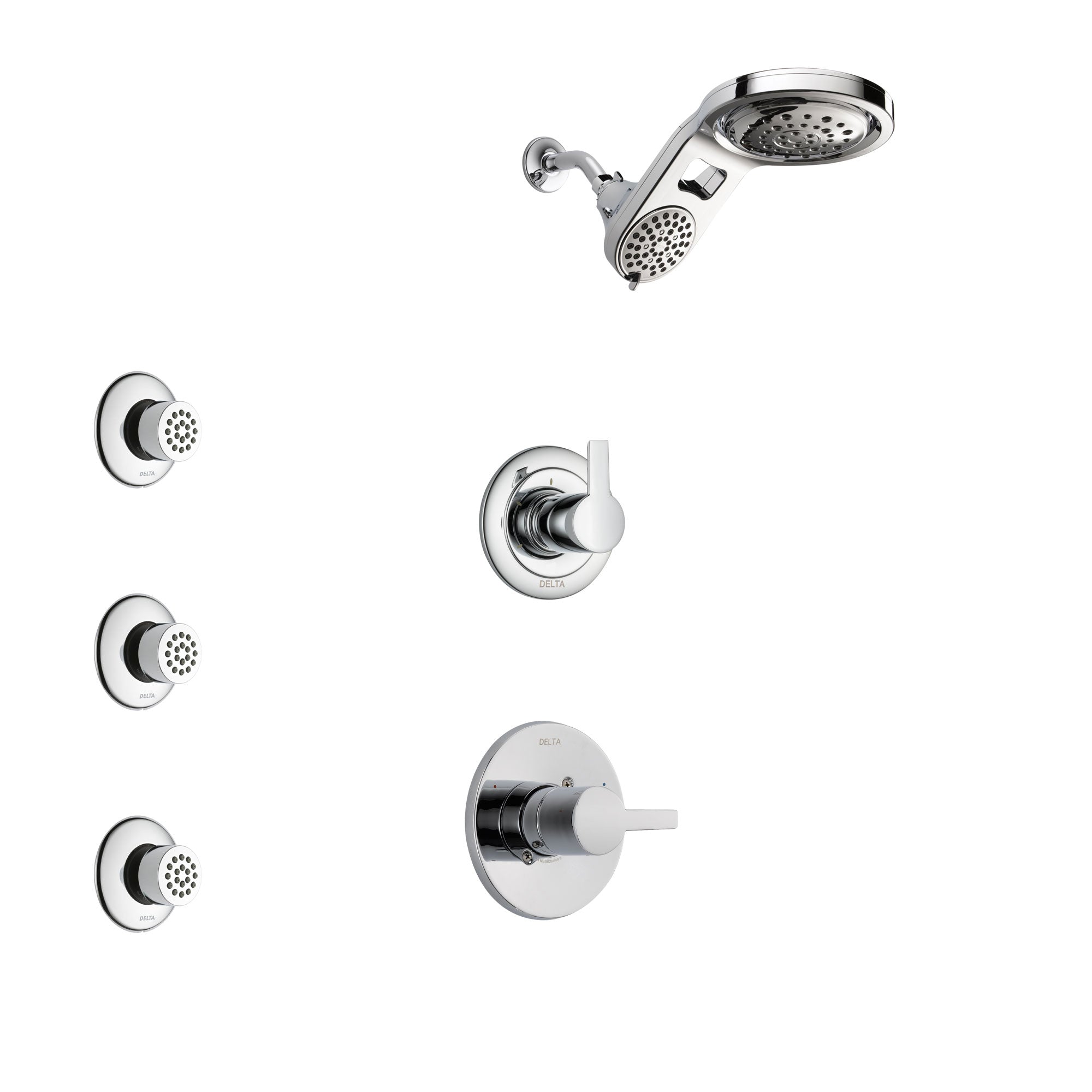 Delta Compel Chrome Finish Shower System with Control Handle, 3-Setting Diverter, Dual Showerhead, and 3 Body Sprays SS14614