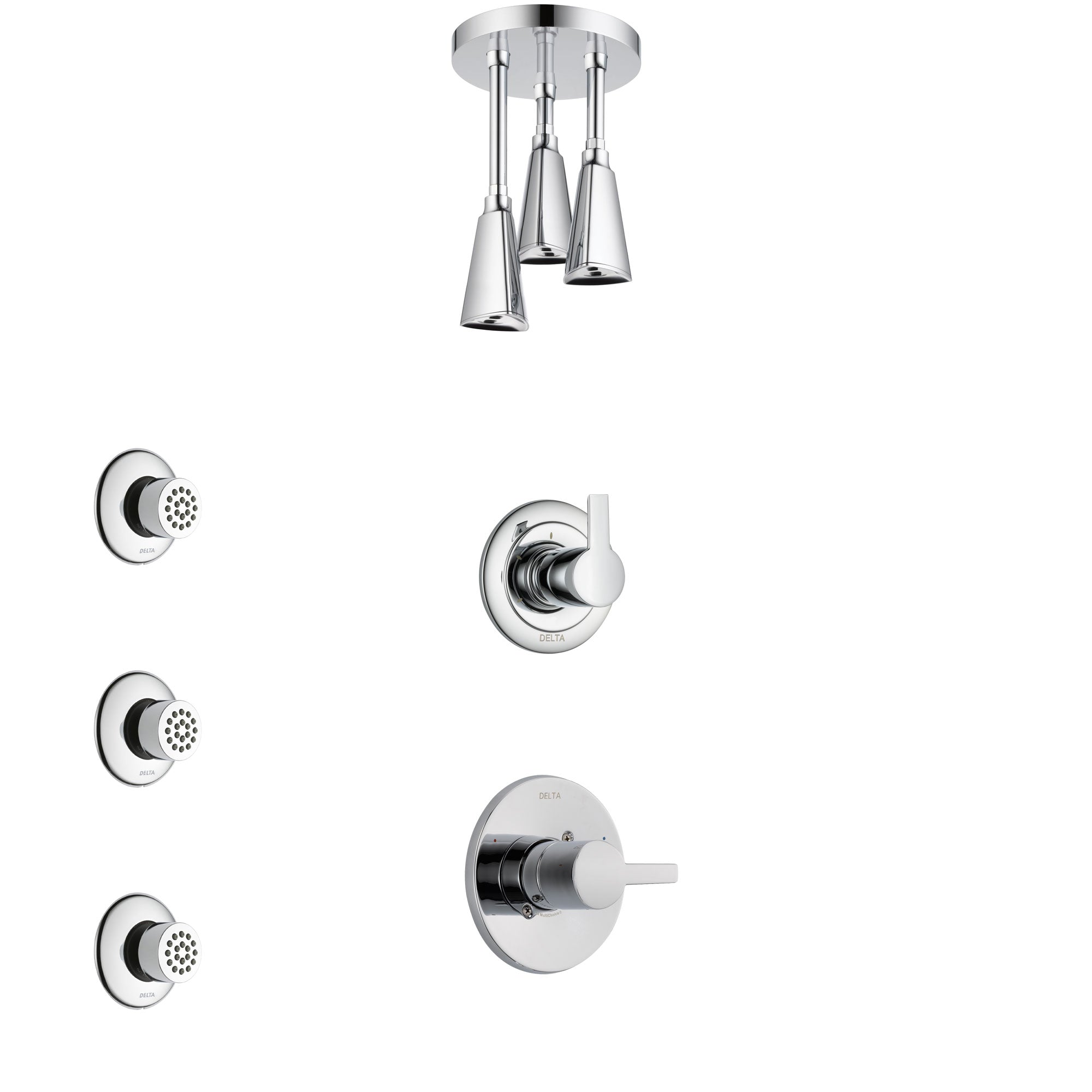 Delta Compel Chrome Finish Shower System with Control Handle, 3-Setting Diverter, Ceiling Mount Showerhead, and 3 Body Sprays SS14615