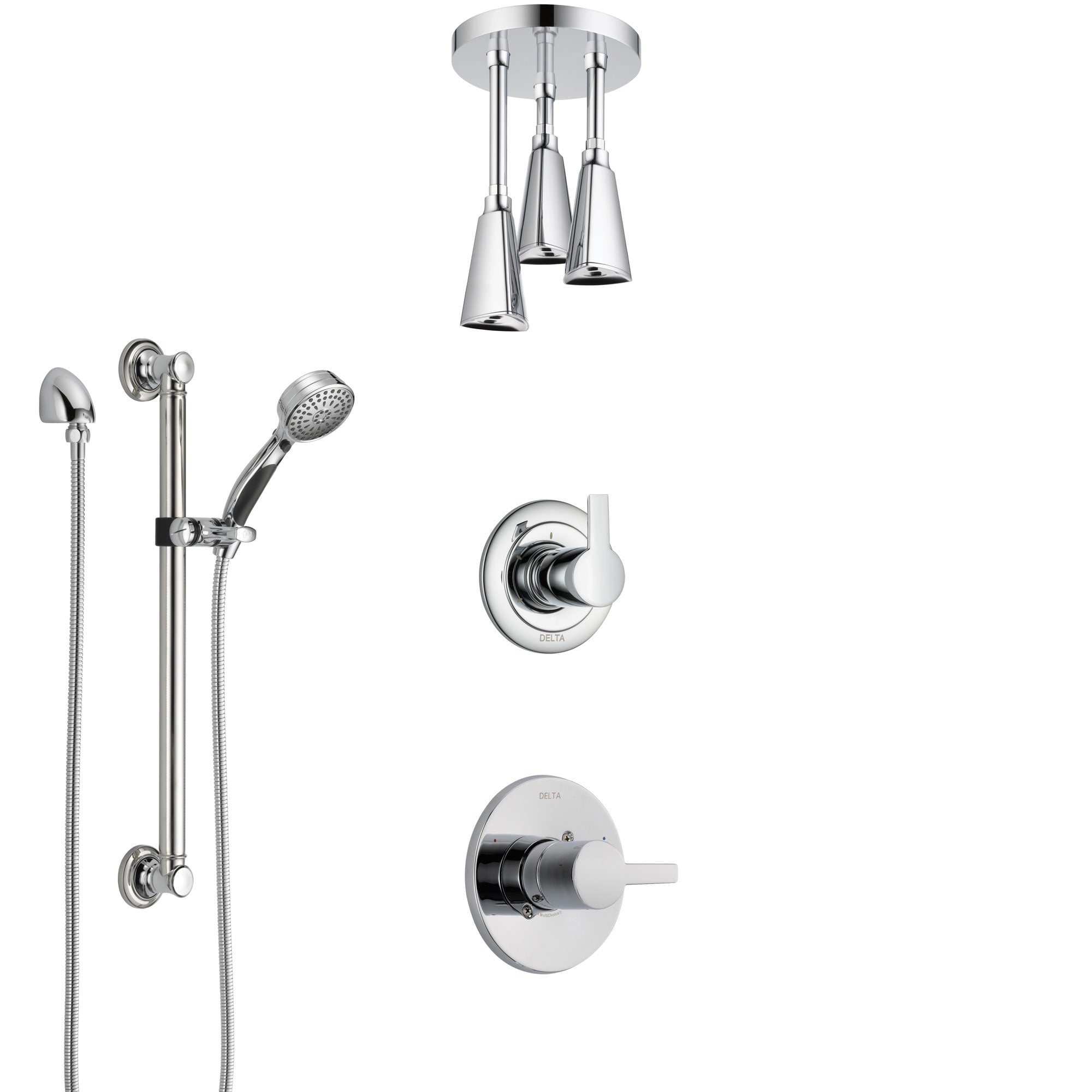 Delta Compel Chrome Finish Shower System with Control Handle, 3-Setting Diverter, Ceiling Mount Showerhead, and Hand Shower with Grab Bar SS14616