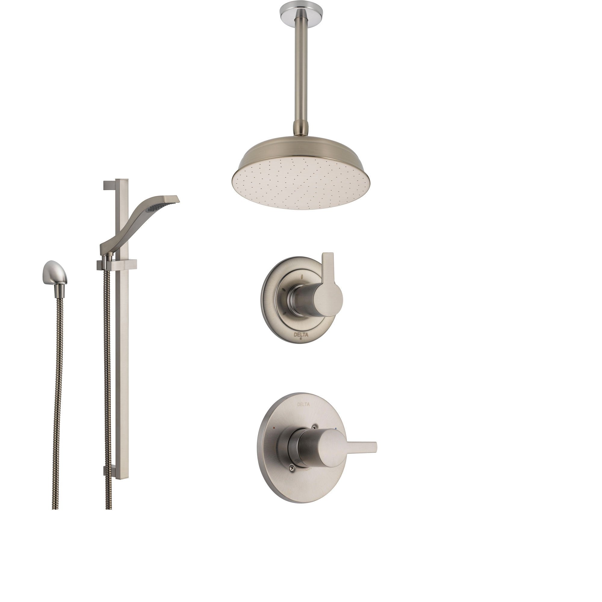 Delta Compel Stainless Steel Shower System with Normal Shower Handle, 3-setting Diverter, Large Round Ceiling Mount Showerhead, and Handheld Shower Spray SS146181SS