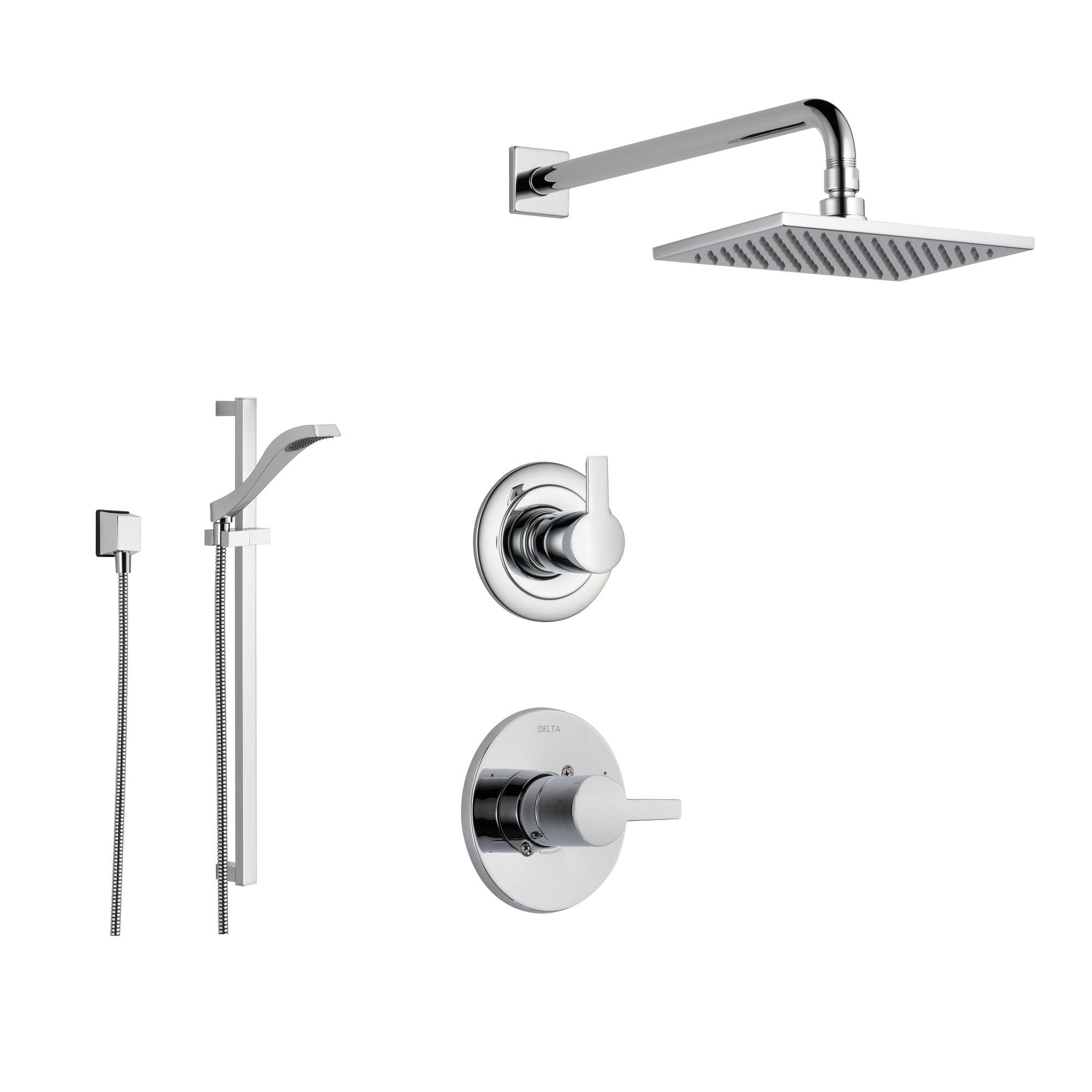 Delta Compel Chrome Shower System with Normal Shower Handle, 3-setting Diverter, Square Rain Showerhead, and Handheld Shower SS146182