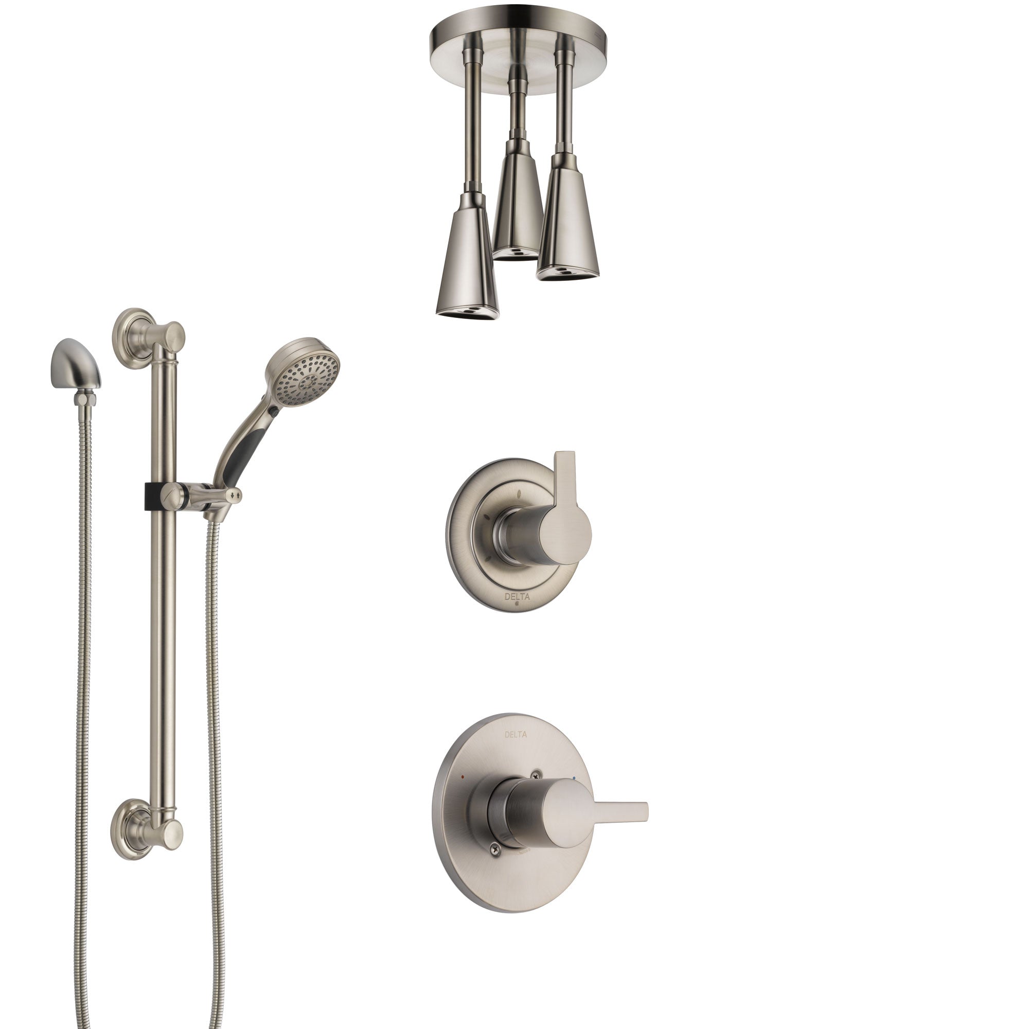 Delta Compel Stainless Steel Finish Shower System with Control Handle, Diverter, Ceiling Mount Showerhead, and Hand Shower with Grab Bar SS1461SS1