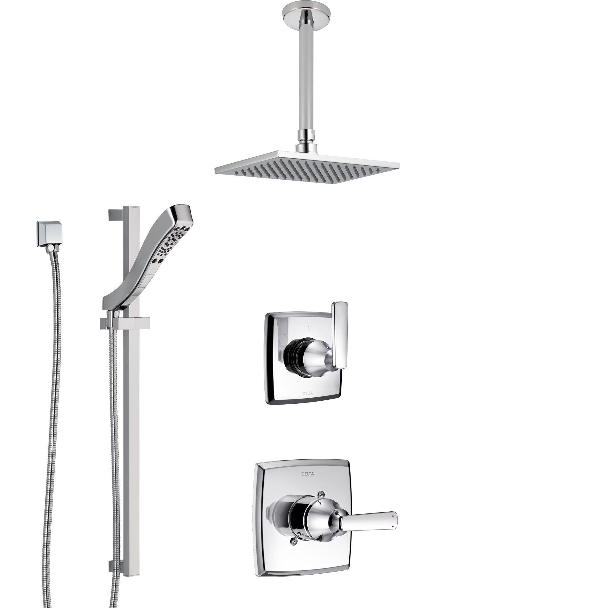Delta Ashlyn Chrome Finish Shower System with Control Handle, 3-Setting Diverter, Ceiling Mount Showerhead, and Hand Shower with Slidebar SS14642