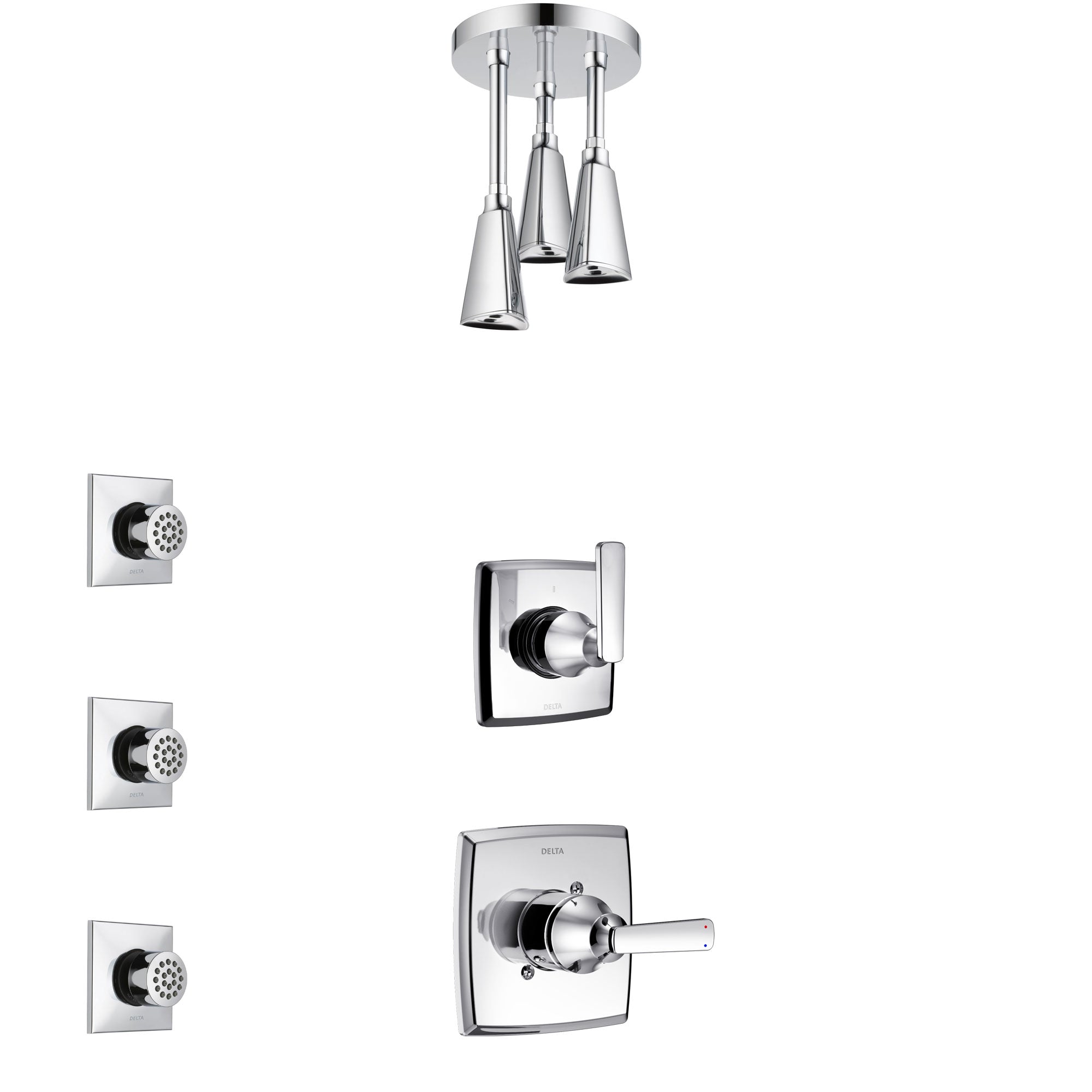 Delta Ashlyn Chrome Finish Shower System with Control Handle, 3-Setting Diverter, Ceiling Mount Showerhead, and 3 Body Sprays SS14644