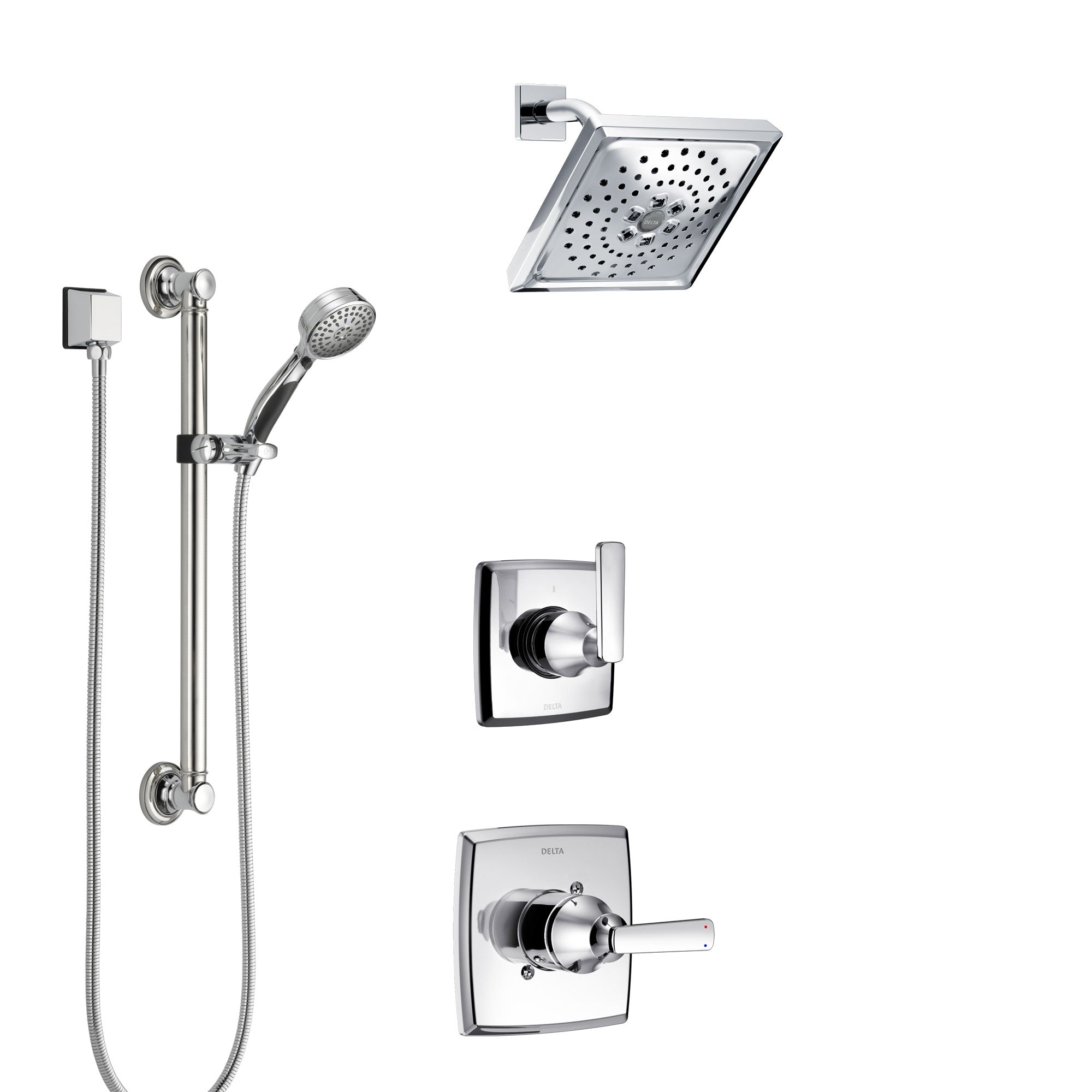 Delta Ashlyn Chrome Finish Shower System with Control Handle, 3-Setting Diverter, Showerhead, and Hand Shower with Grab Bar SS14646