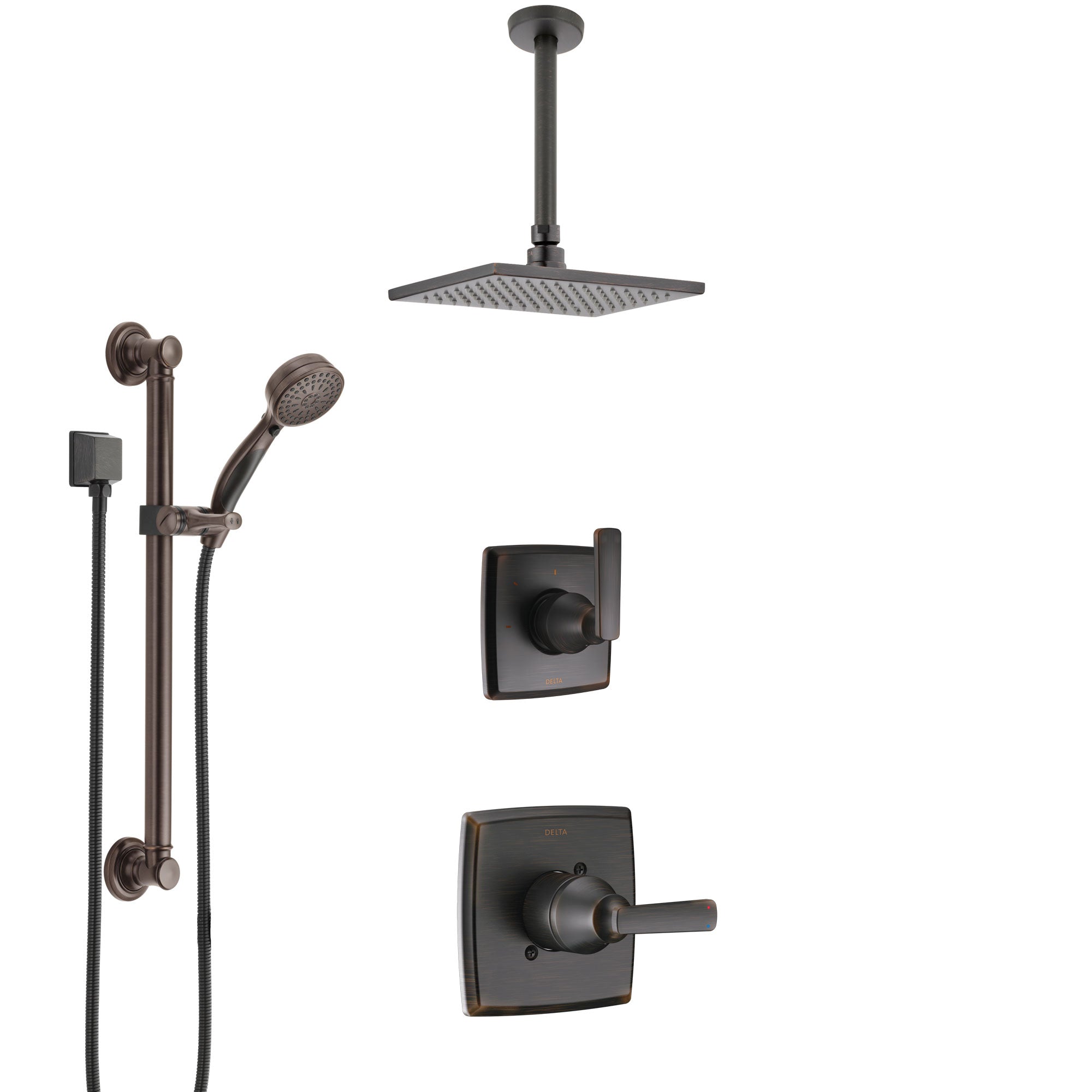 Delta Ashlyn Venetian Bronze Shower System with Control Handle, 3-Setting Diverter, Ceiling Mount Showerhead, and Hand Shower with Grab Bar SS1464RB2