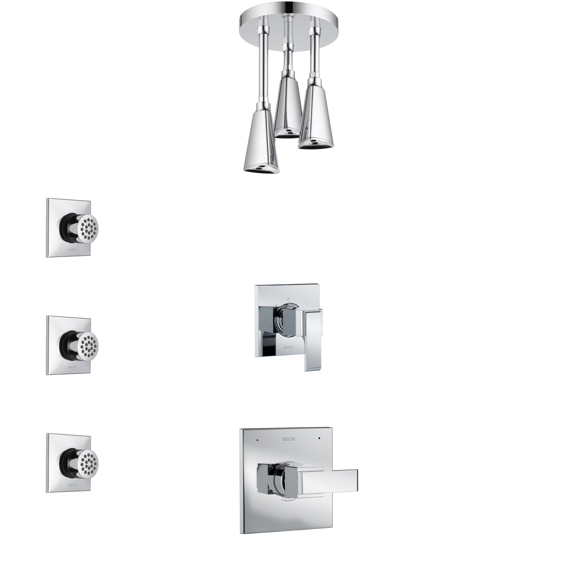 Delta Ara Chrome Finish Shower System with Control Handle, 3-Setting Diverter, Ceiling Mount Showerhead, and 3 Body Sprays SS14673
