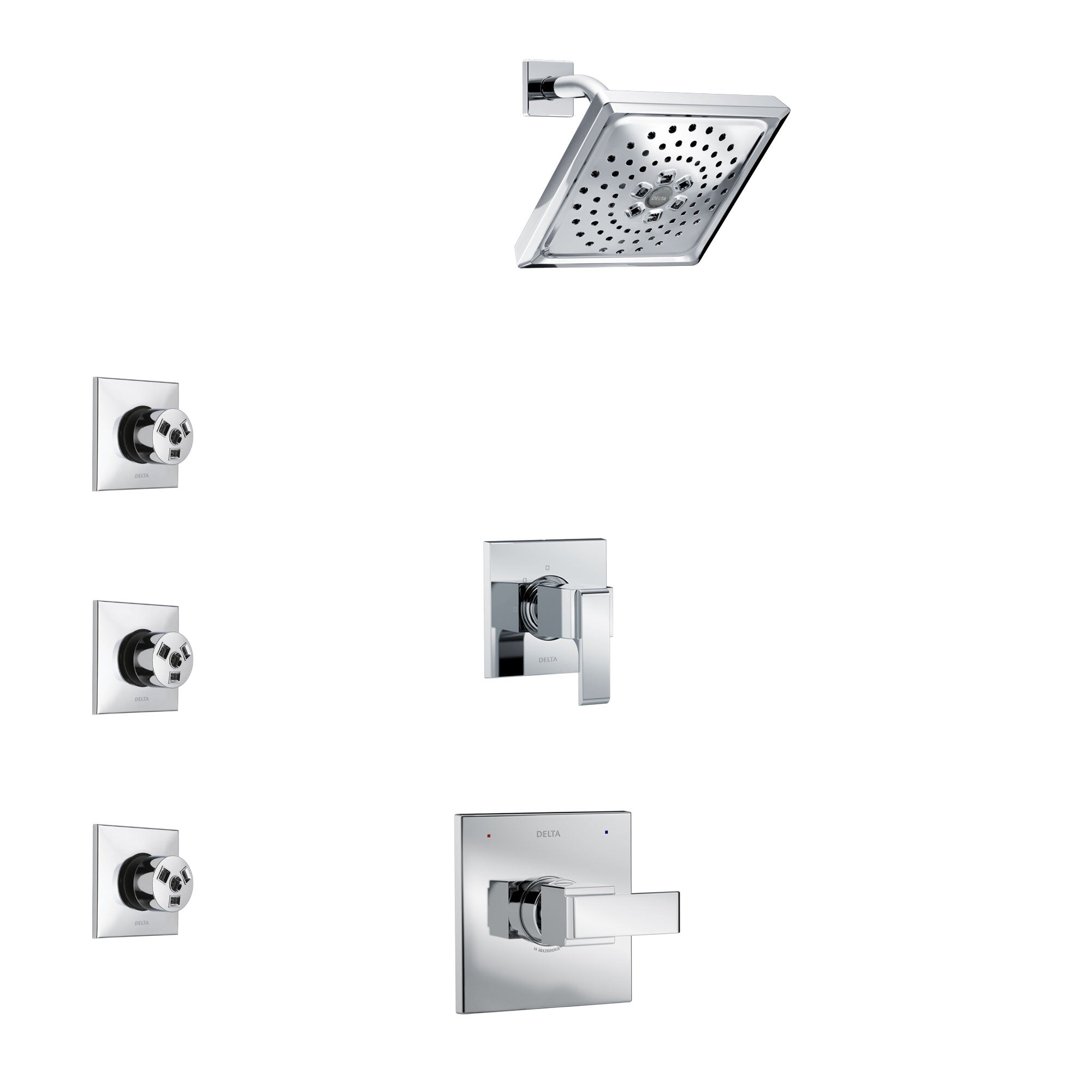 Delta Ara Chrome Finish Shower System with Control Handle, 3-Setting Diverter, Showerhead, and 3 Body Sprays SS14677