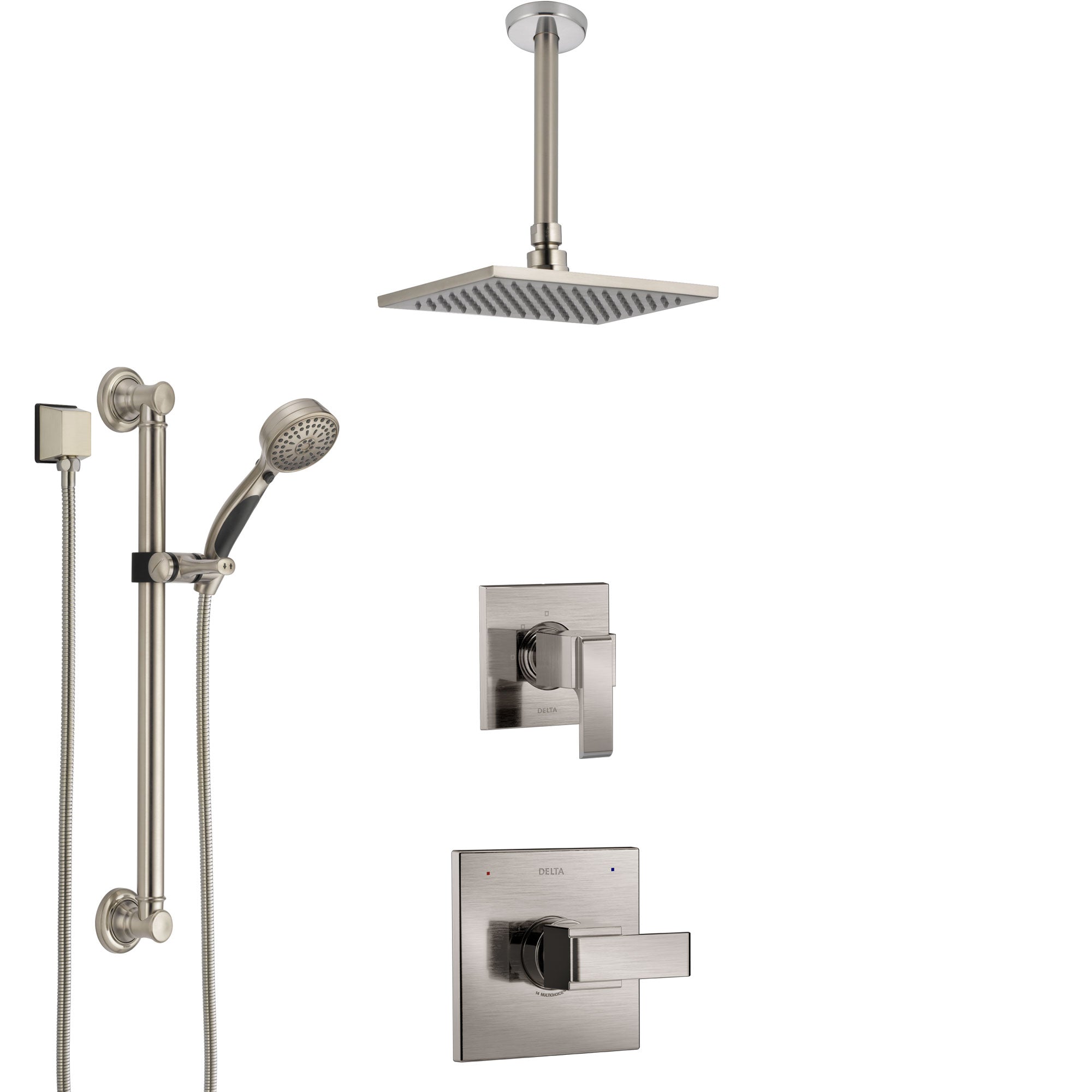 Delta Ara Stainless Steel Finish Shower System with Control Handle, Diverter, Ceiling Mount Showerhead, and Hand Shower with Grab Bar SS1467SS3