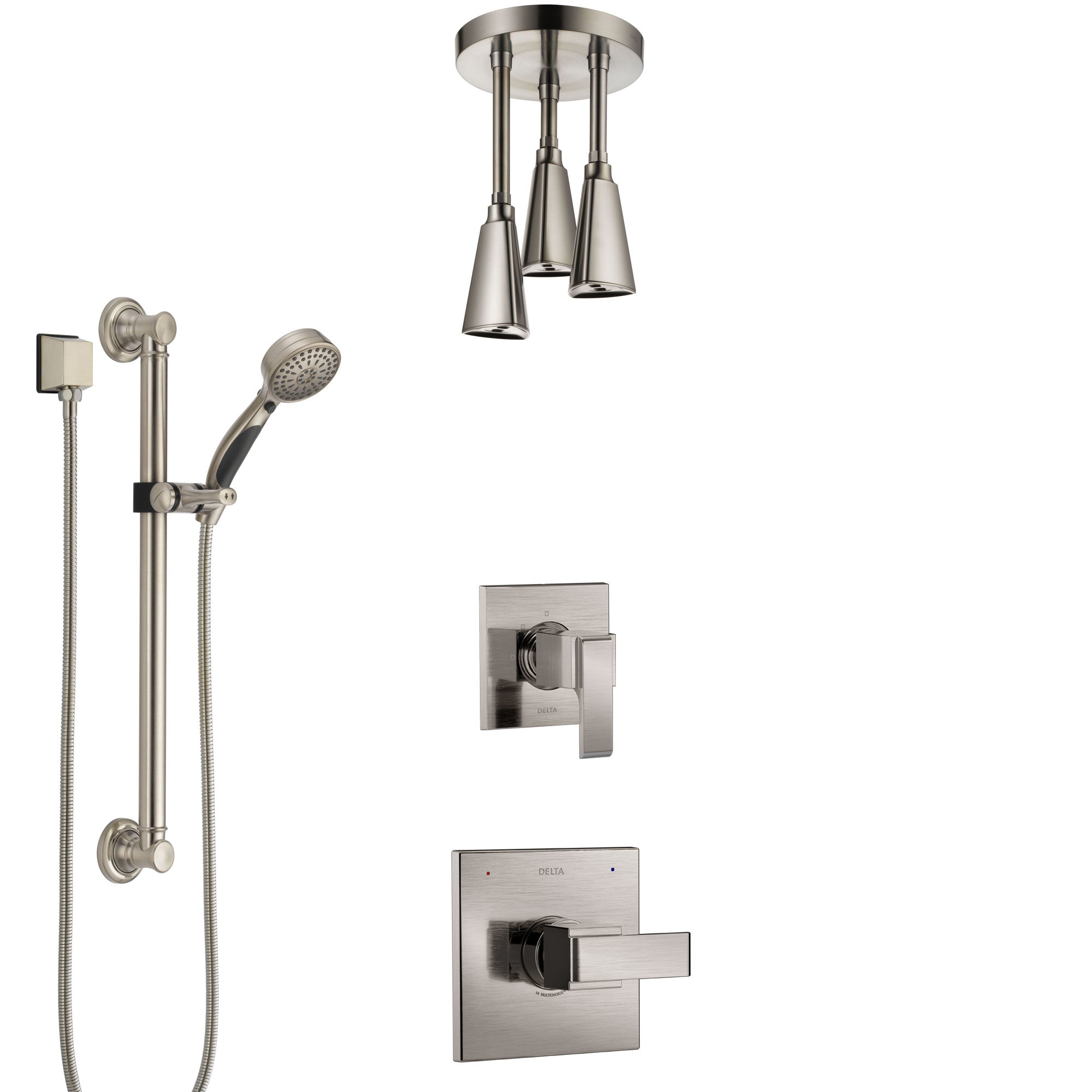 Delta Ara Stainless Steel Finish Shower System with Control Handle, Diverter, Ceiling Mount Showerhead, and Hand Shower with Grab Bar SS1467SS4