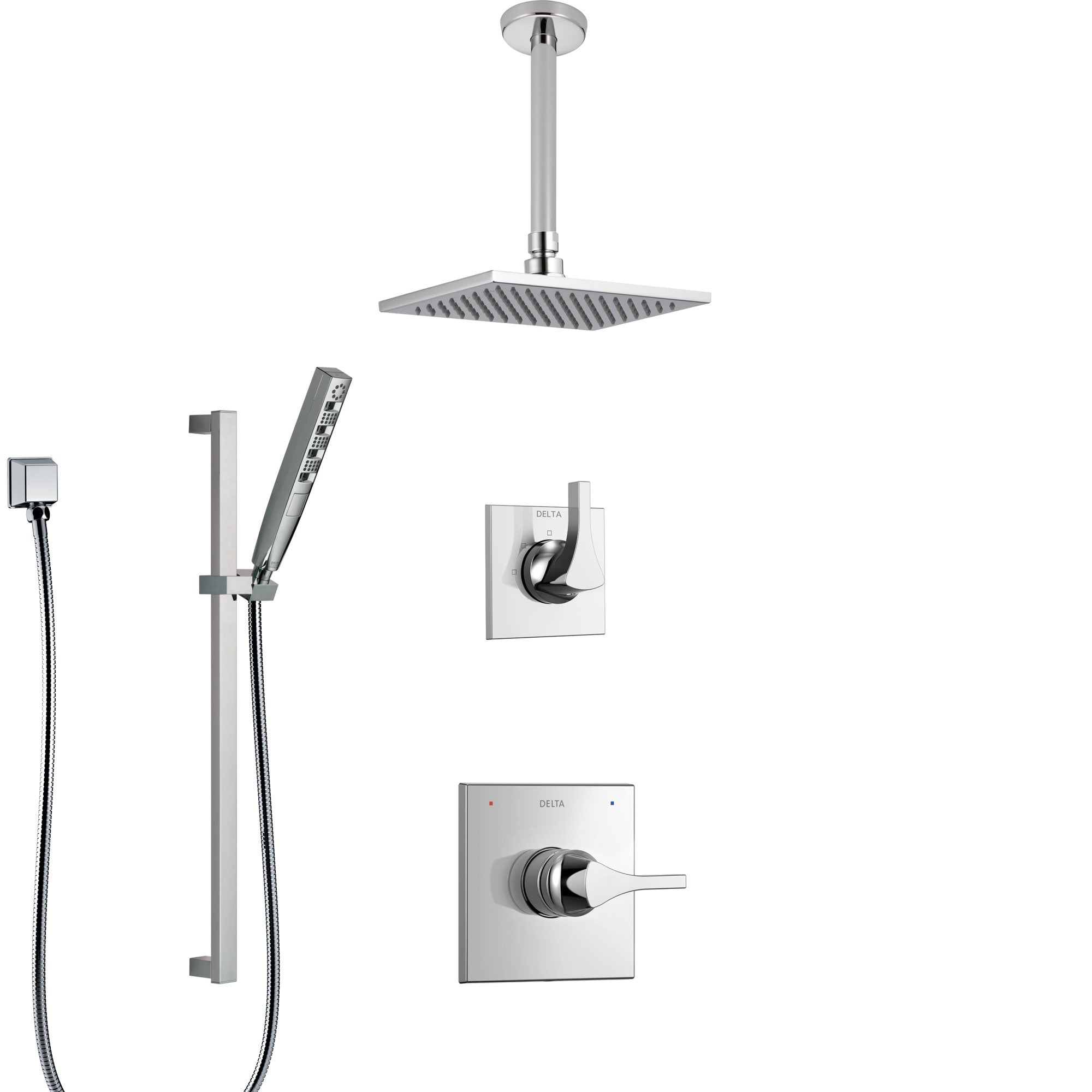 Delta Zura Chrome Finish Shower System with Control Handle, 3-Setting Diverter, Ceiling Mount Showerhead, and Hand Shower with Slidebar SS14748