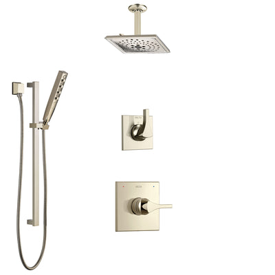 Delta Zura Polished Nickel Shower System with Control Handle, 3-Setting Diverter, Ceiling Mount Showerhead, and Hand Shower with Slidebar SS1474PN1