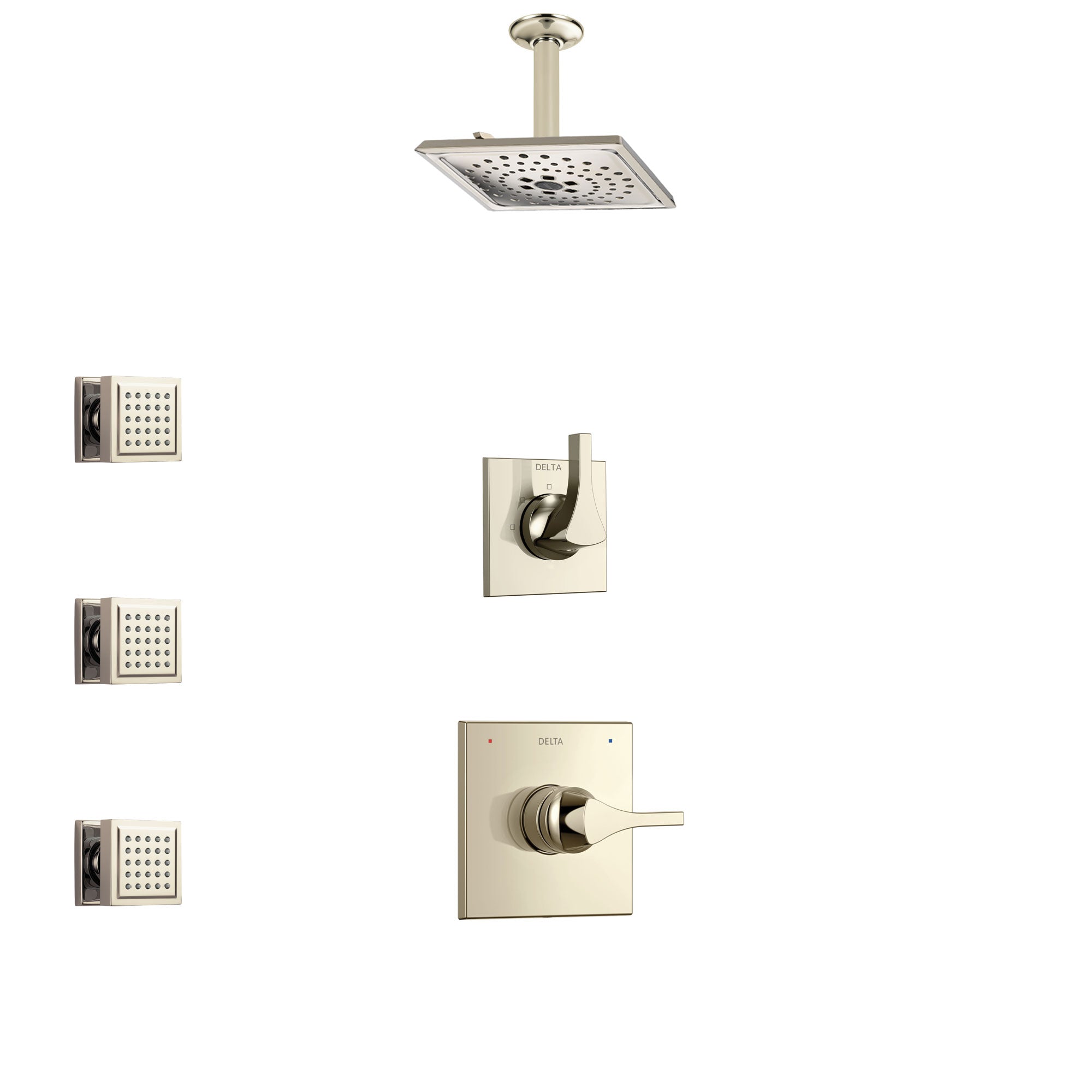 Delta Zura Polished Nickel Finish Shower System with Control Handle, 3-Setting Diverter, Ceiling Mount Showerhead, and 3 Body Sprays SS1474PN4