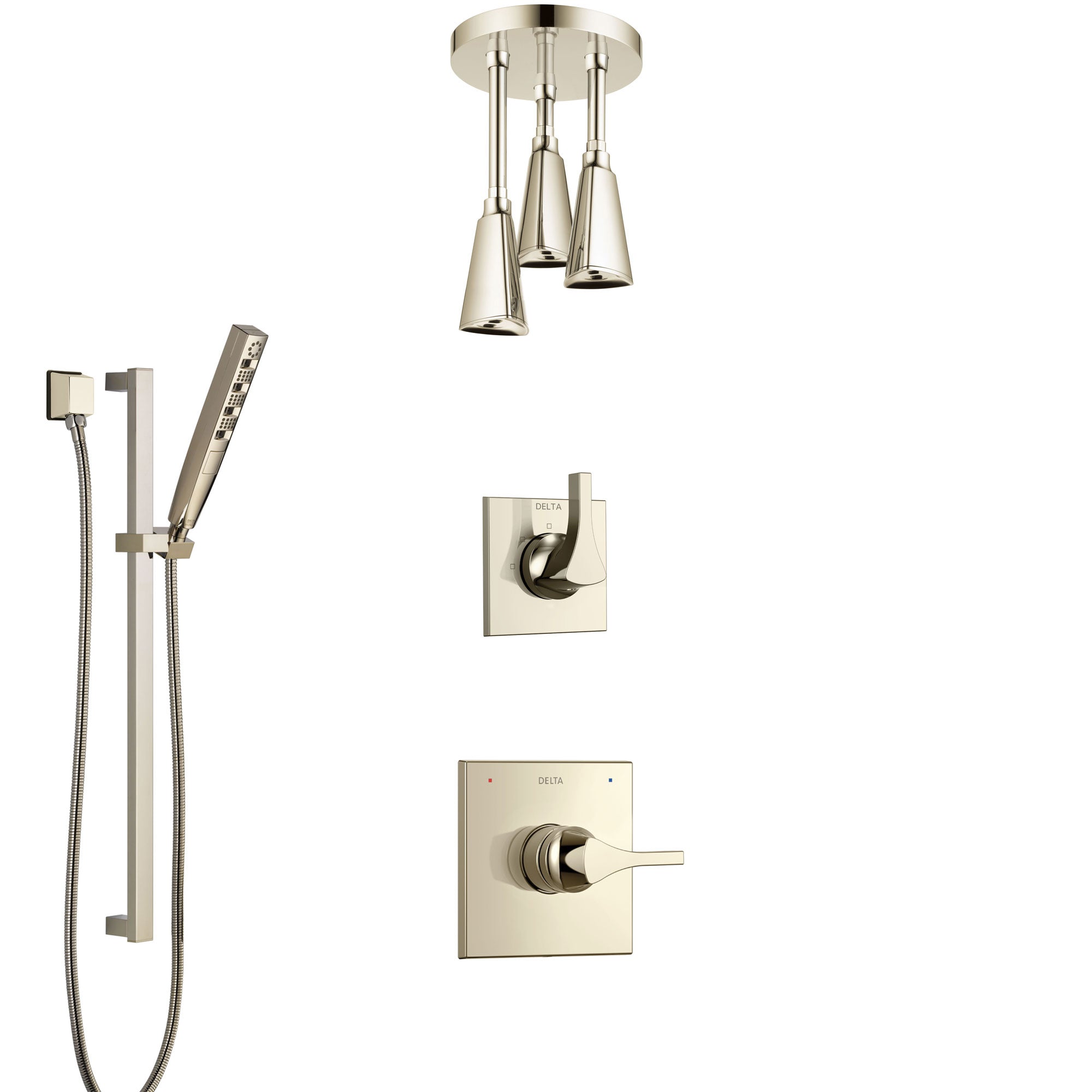 Delta Zura Polished Nickel Shower System with Control Handle, 3-Setting Diverter, Ceiling Mount Showerhead, and Hand Shower with Slidebar SS1474PN6