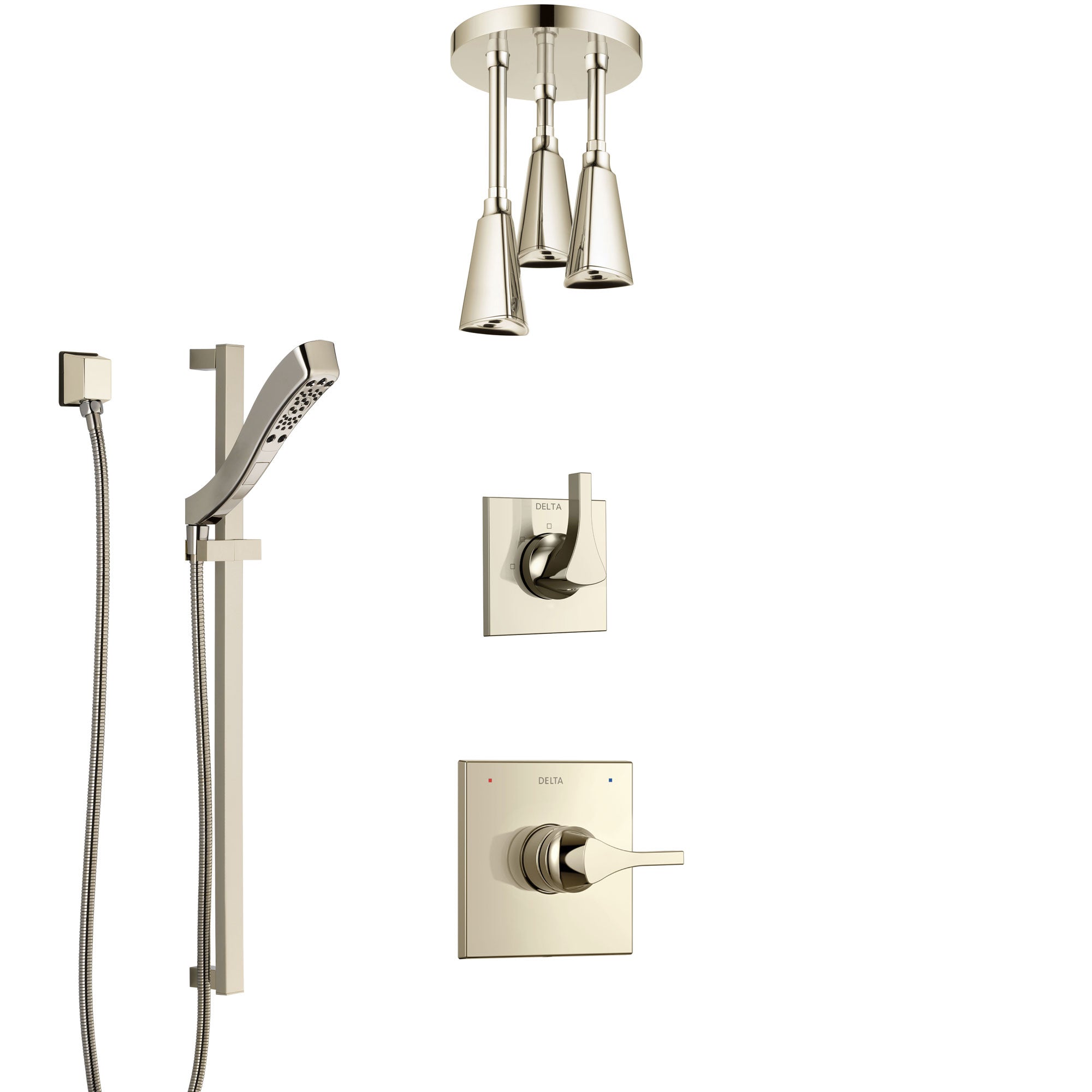 Delta Zura Polished Nickel Shower System with Control Handle, 3-Setting Diverter, Ceiling Mount Showerhead, and Hand Shower with Slidebar SS1474PN7