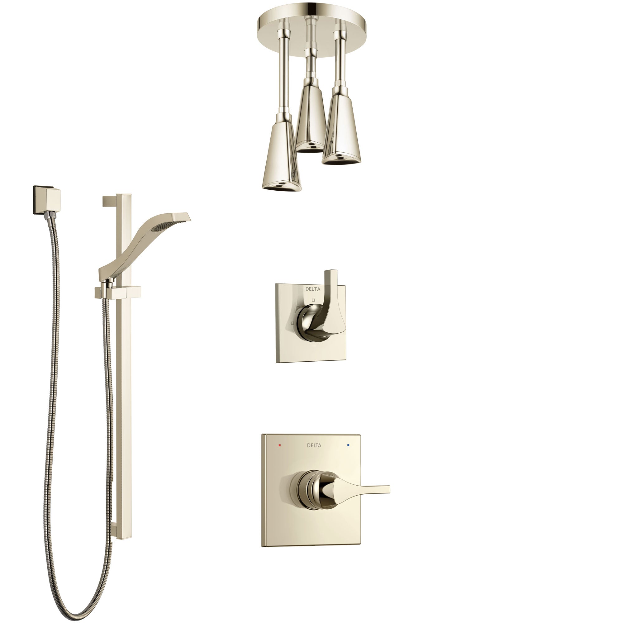 Delta Zura Polished Nickel Shower System with Control Handle, 3-Setting Diverter, Ceiling Mount Showerhead, and Hand Shower with Slidebar SS1474PN8