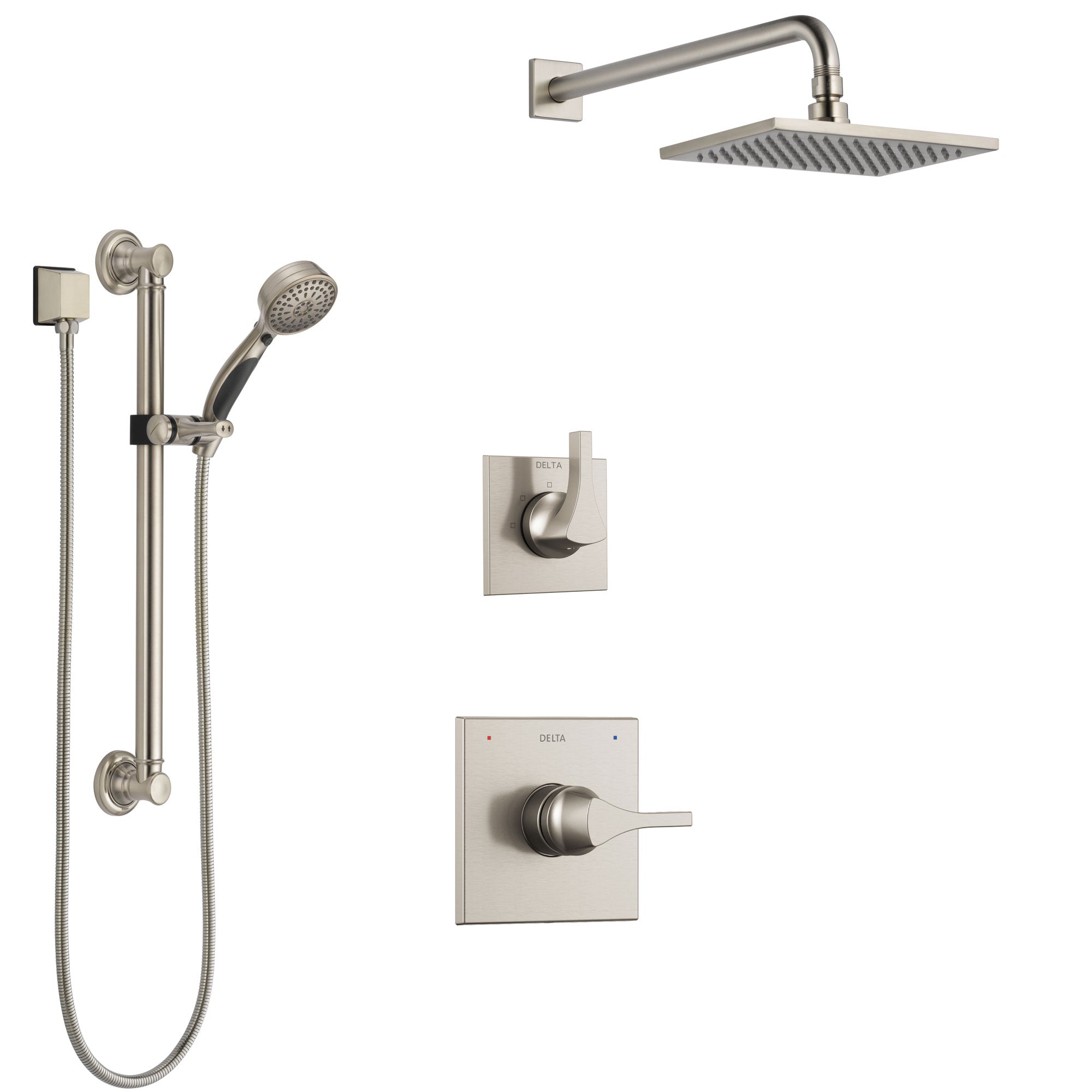 Delta Zura Stainless Steel Finish Shower System with Control Handle, 3-Setting Diverter, Showerhead, and Hand Shower with Grab Bar SS1474SS1