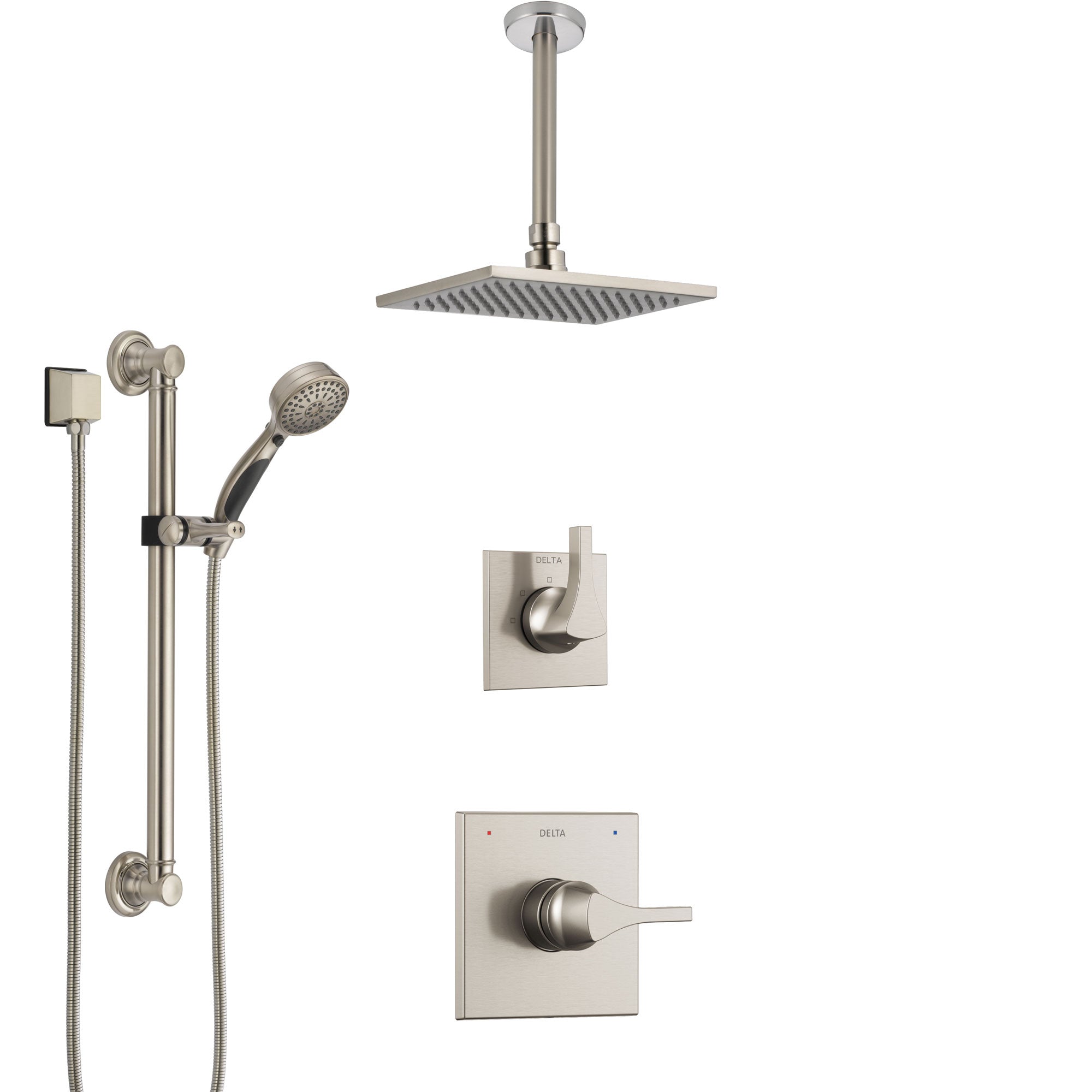 Delta Zura Stainless Steel Finish Shower System with Control Handle, Diverter, Ceiling Mount Showerhead, and Hand Shower with Grab Bar SS1474SS4