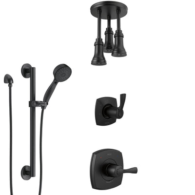 Delta Stryke Matte Black Finish Shower System with Diverter, Triple Pendant Ceiling Mount Showerhead Fixture, and Hand Spray with Grab Bar SS14763BL10